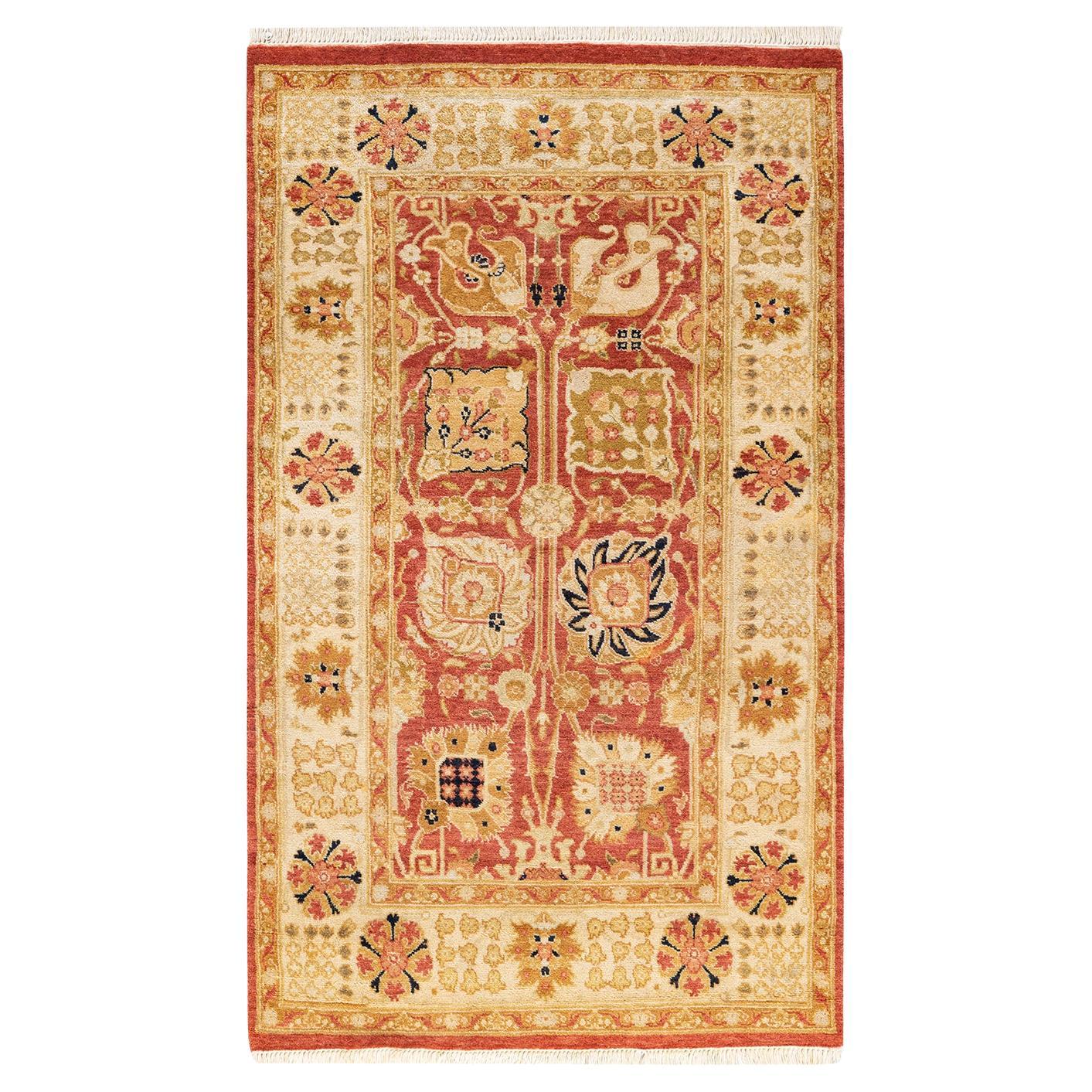 Alfombra moderna oriental anudada a mano, única en su género, de color naranja