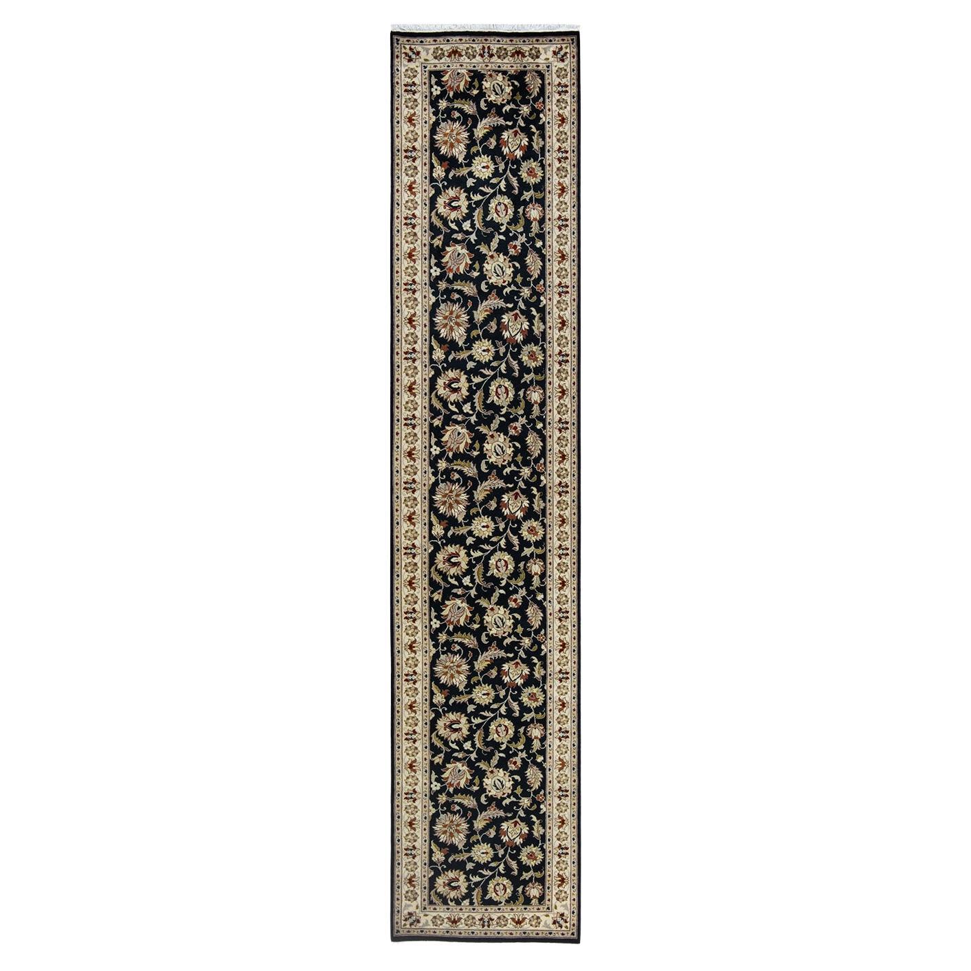 Einzigartiger handgeknüpfter schwarzer Oriental Mogul-Teppich, 2' 7 Zoll x 12' 6 Zoll