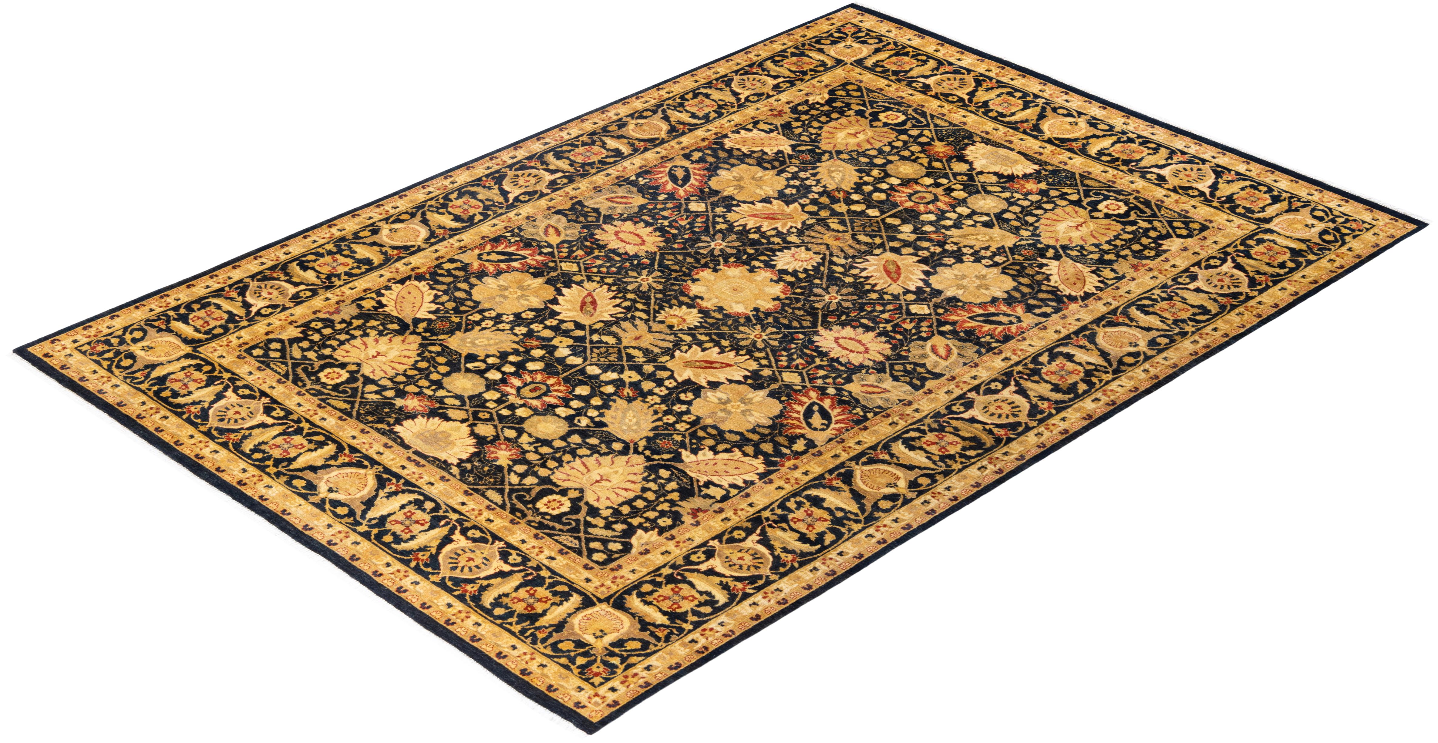 Handgeknüpfter, schwarzer Oriental Mogul-Teppich, Unikat im Angebot 2