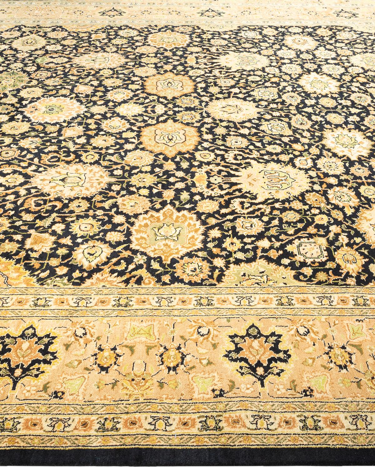 Pakistani One-of-a-Kind Hand Knotted Oriental Mogul Black Area Rug For Sale