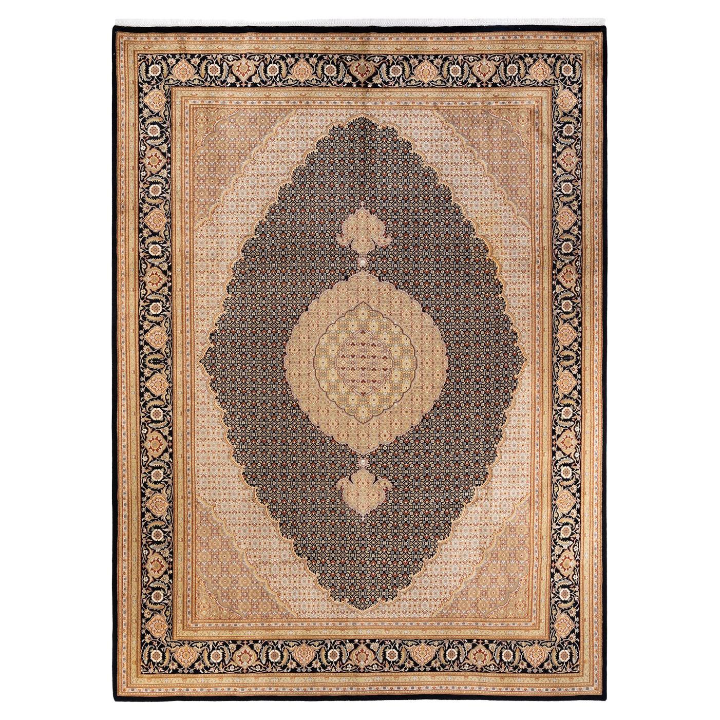 Tapis Oriental Mogul noir noué à la main, unique en son genre en vente