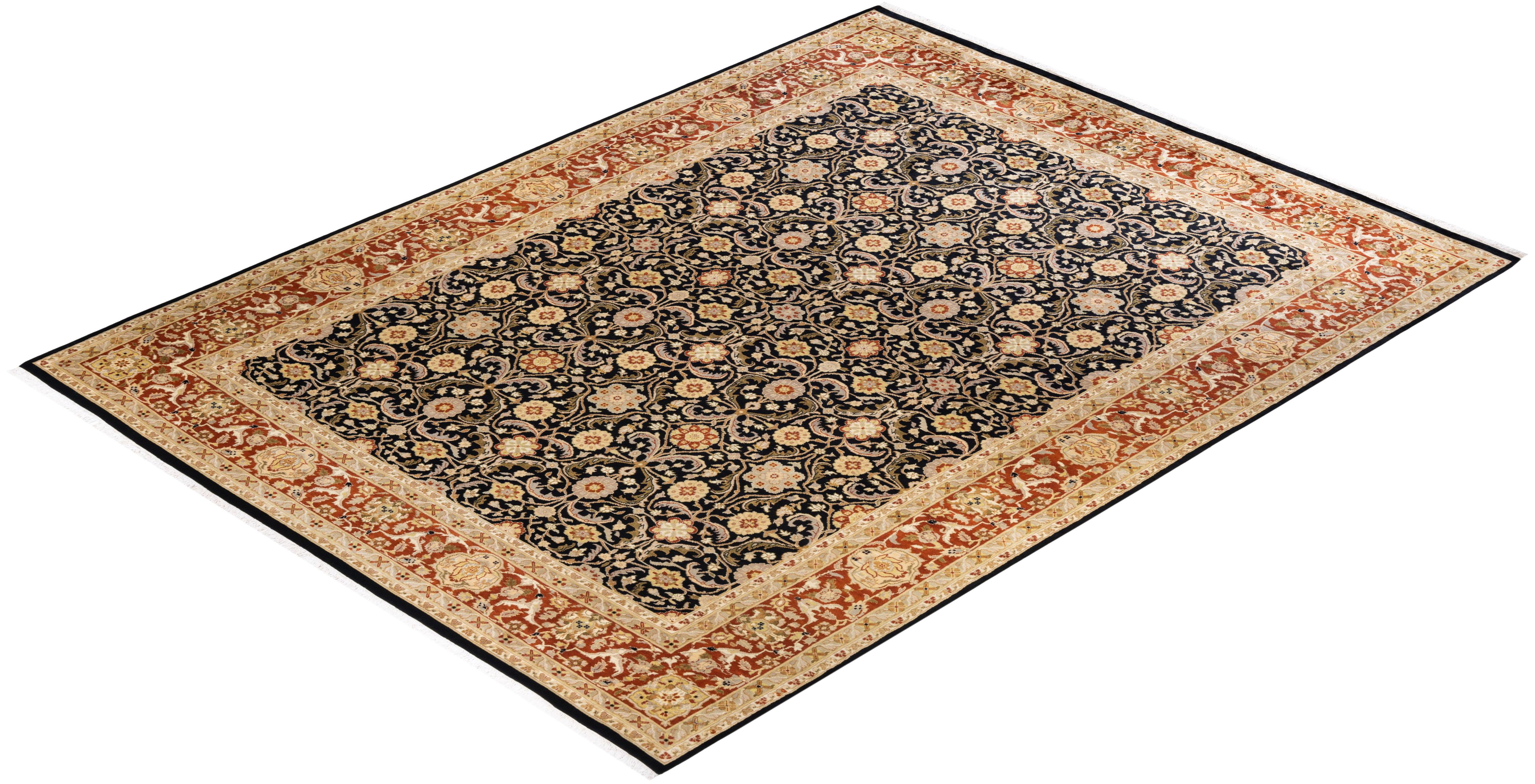 One-of-a-kind Hand Knotted Oriental Mogul Black Area Rug For Sale 2