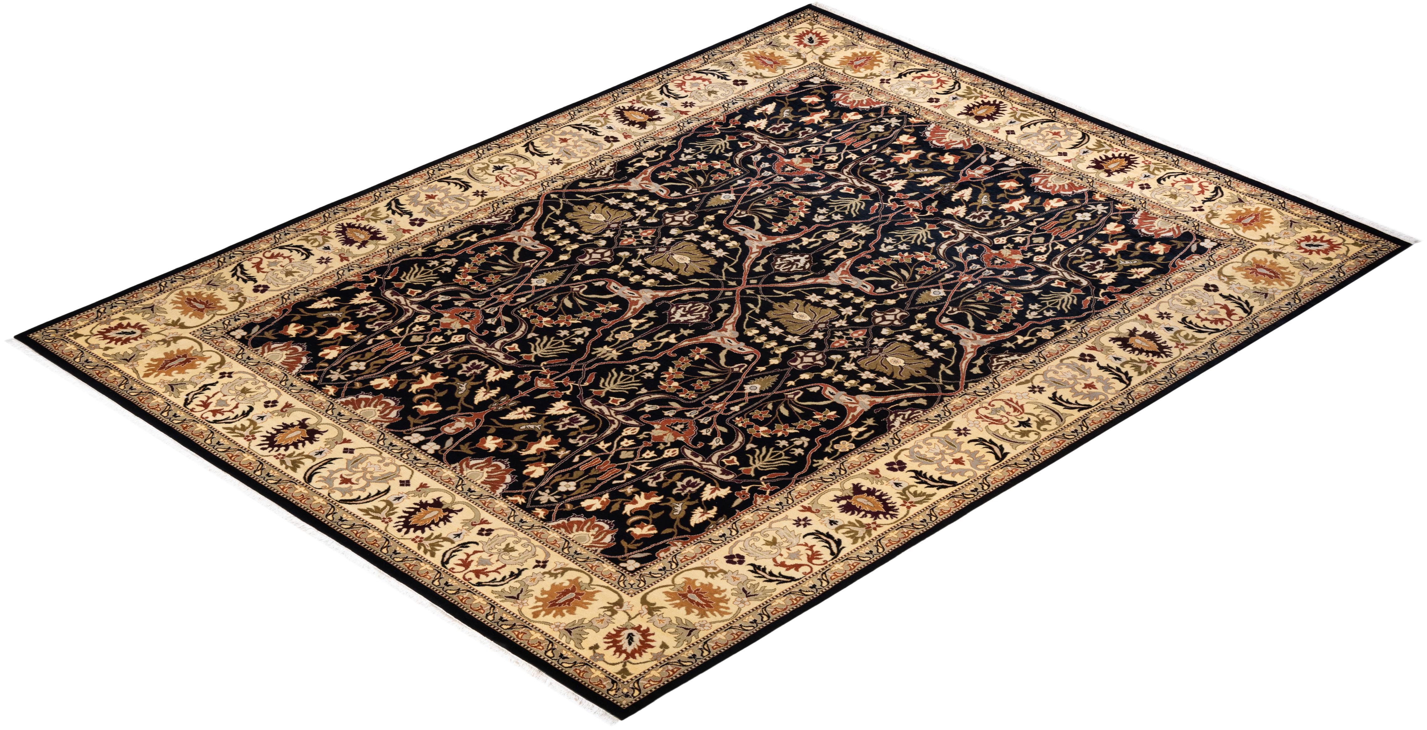 One-Of-A-Kind Hand Knotted Oriental Mogul Black Area Rug For Sale 2