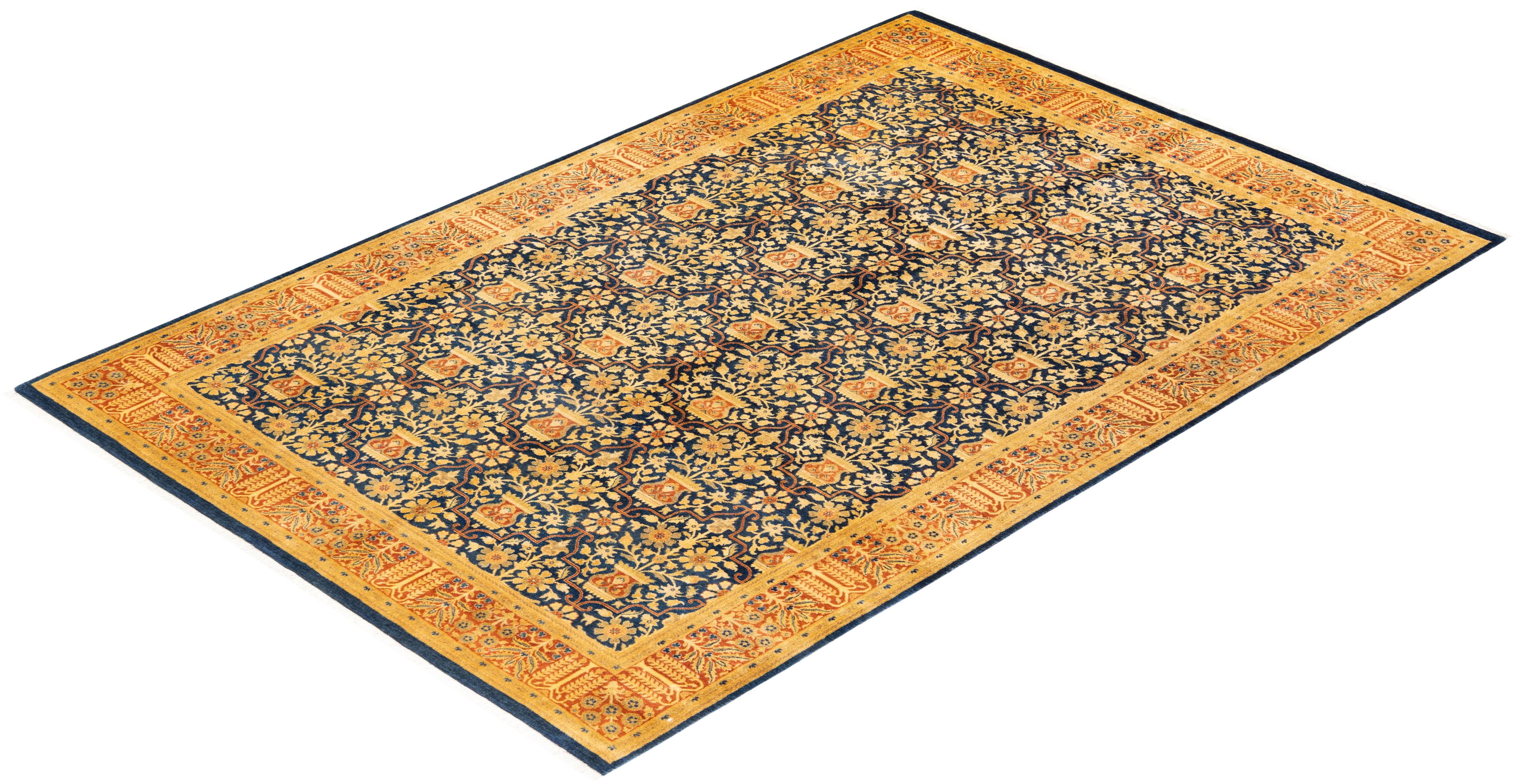 One-of-a-kind Hand Knotted Oriental Mogul Blue Area Rug For Sale 2