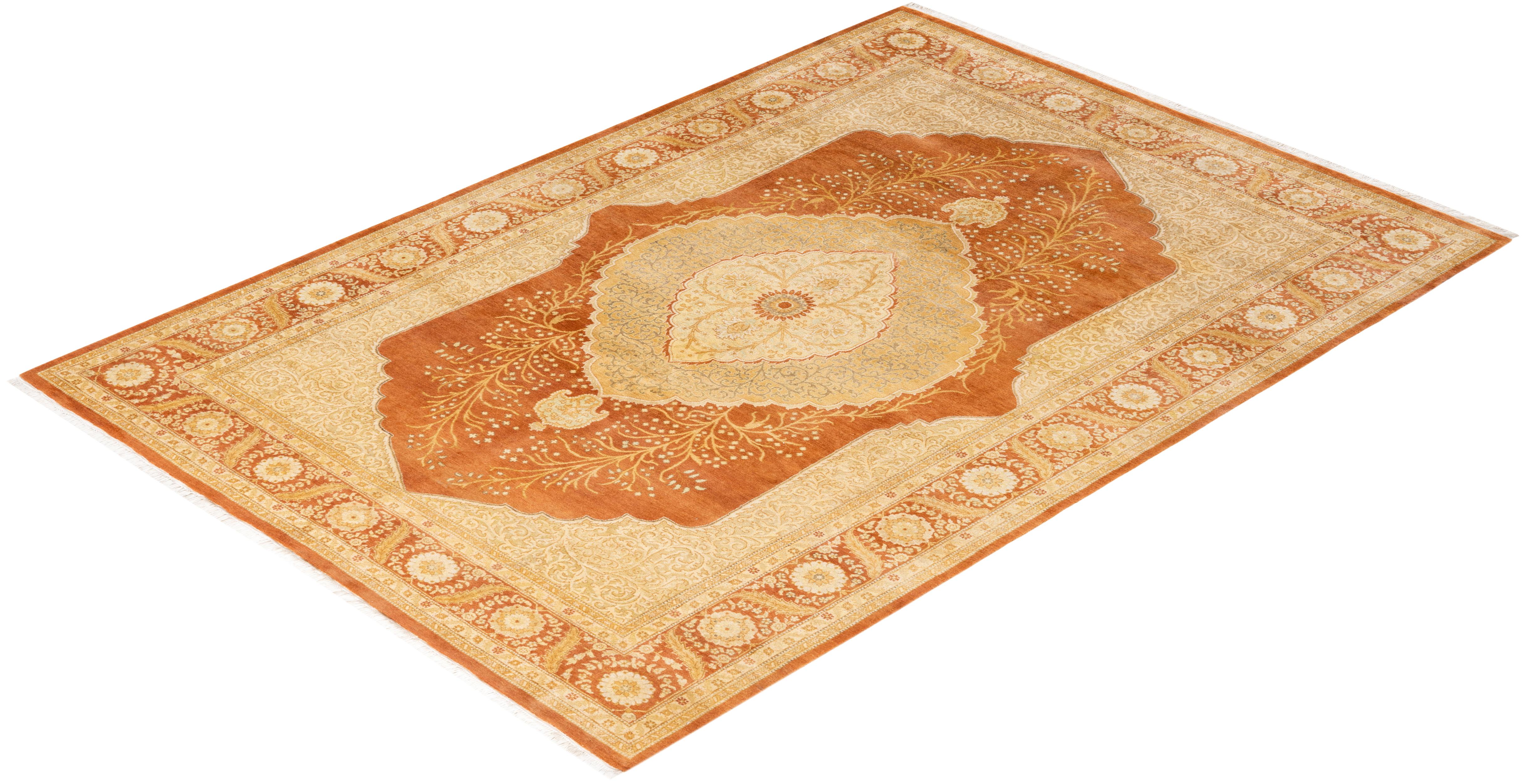 Handgeknüpfter orientalischer Mogul-Teppich in Braun, Unikat im Angebot 2