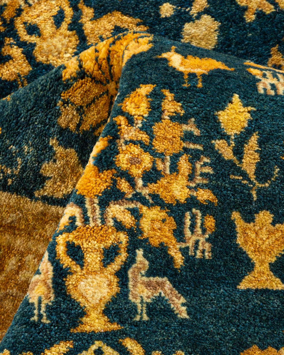 One-of-a-Kind Hand Knotted Oriental Mogul Green Area Rug For Sale 1
