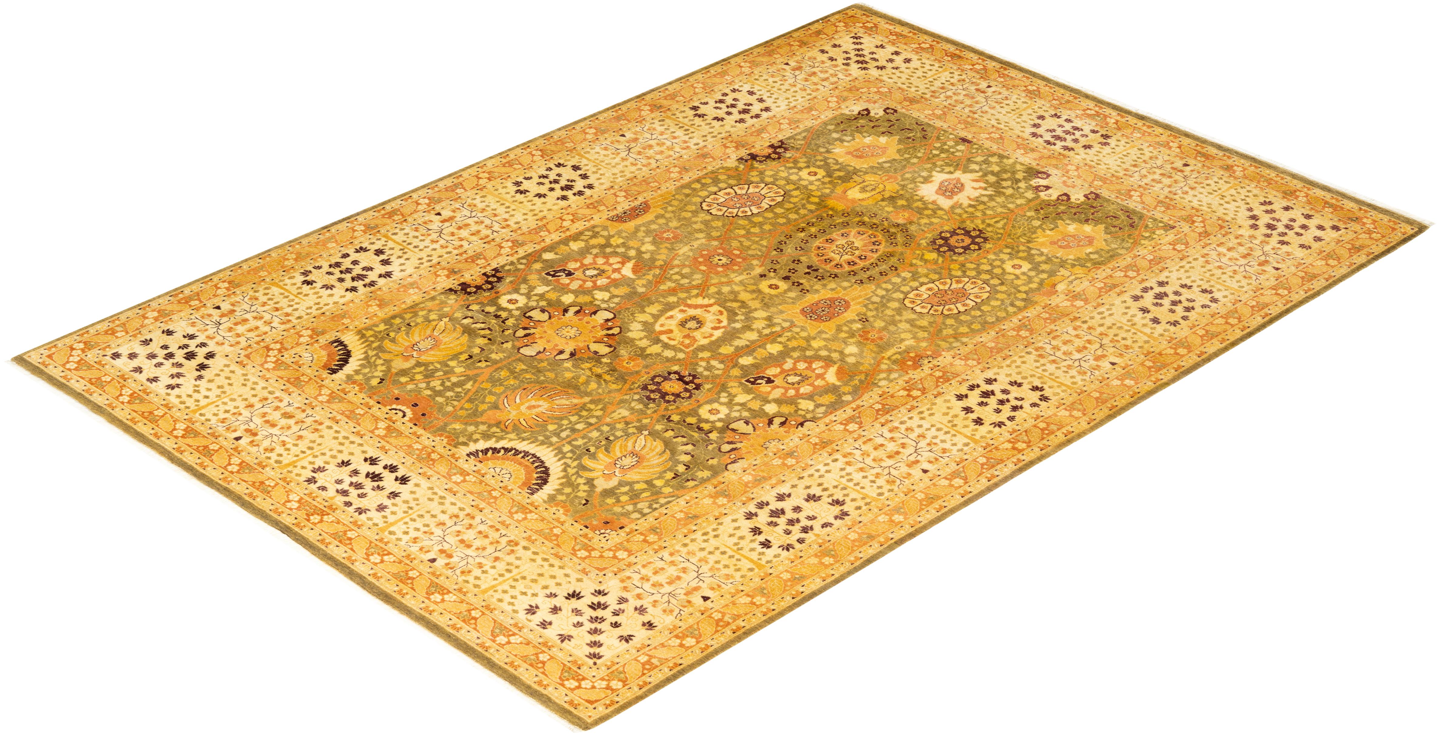 Tapis unique noué à la main Oriental Mogul vert, unique en son genre en vente 2