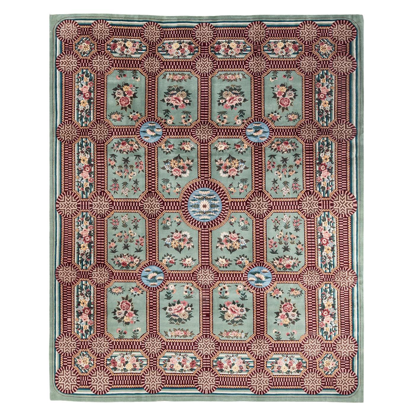 One-of-a-Kind Hand Knotted Oriental Mogul Green Area Rug 9' 3" x 11' 6" For Sale