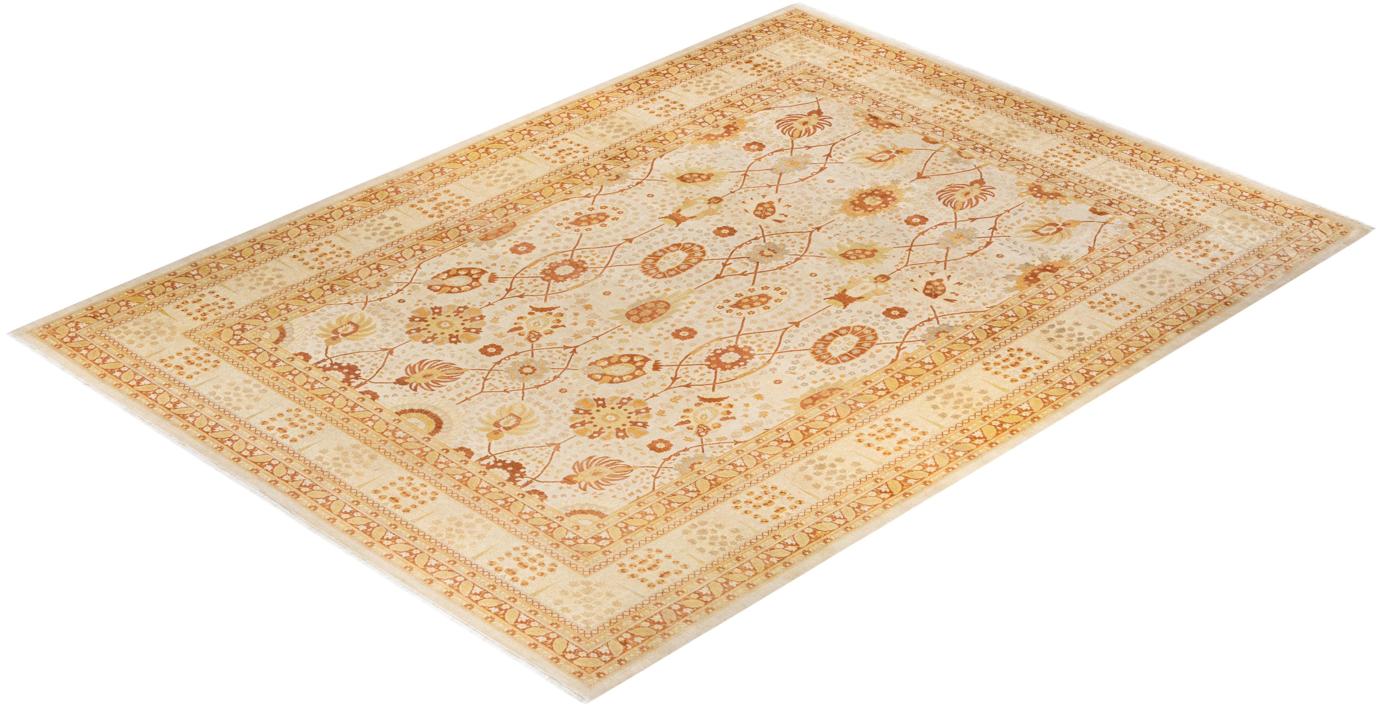 Handgeknüpfter orientalischer Mogul Elfenbeinfarbener Teppich, Unikat im Angebot 2