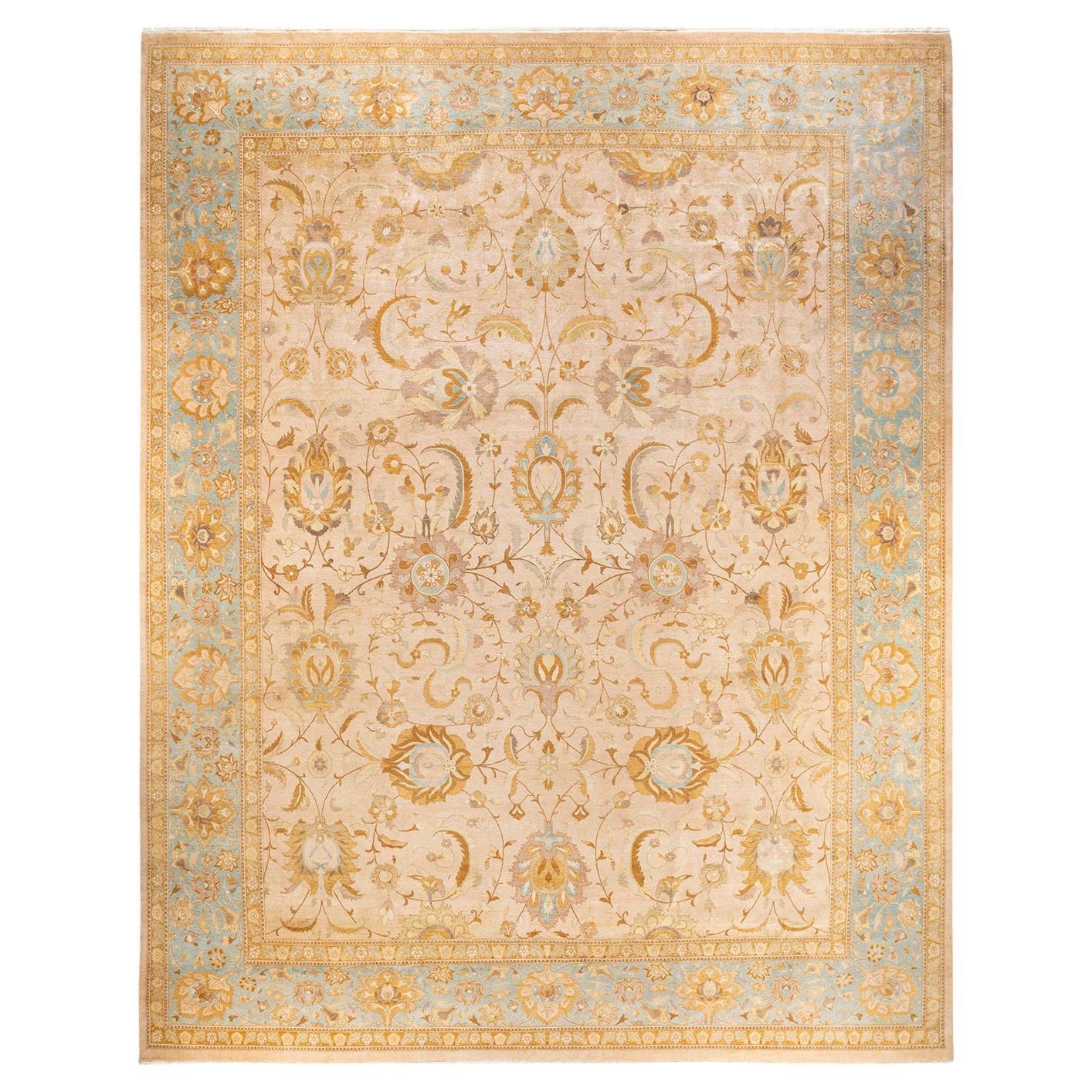 Tapis Oriental Mogul ivoire noué à la main, unique en son genre