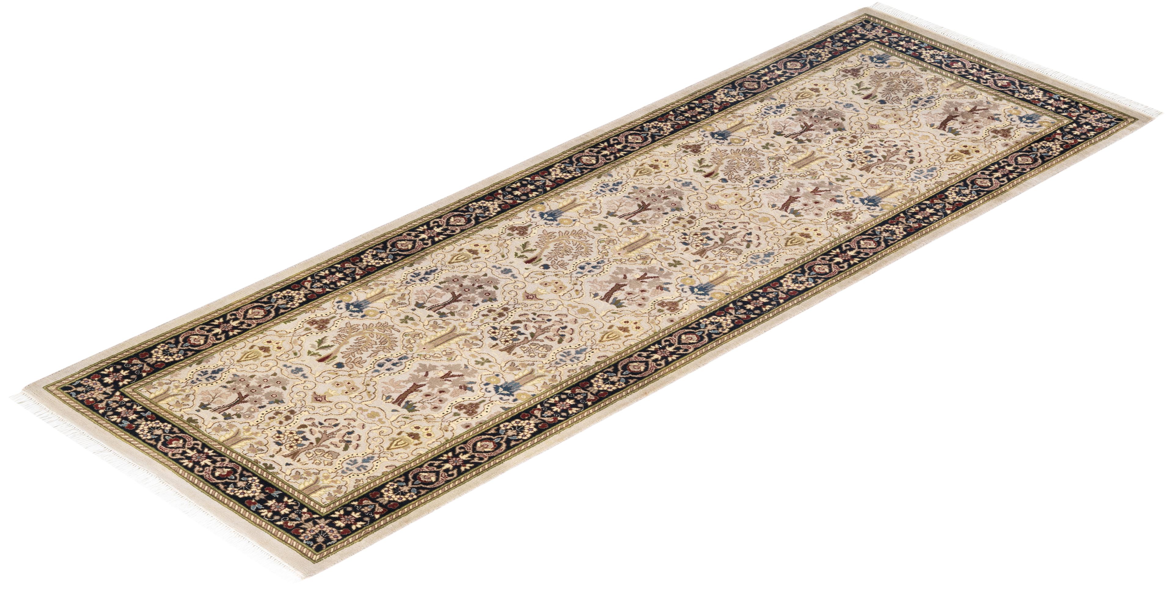 Handgeknüpfter orientalischer Mogul elfenbeinfarbener Teppich in Elfenbein, Unikat 2