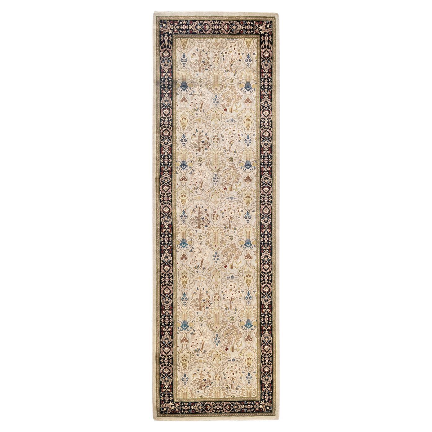 Handgeknüpfter orientalischer Mogul Elfenbeinfarbener Teppich, Unikat