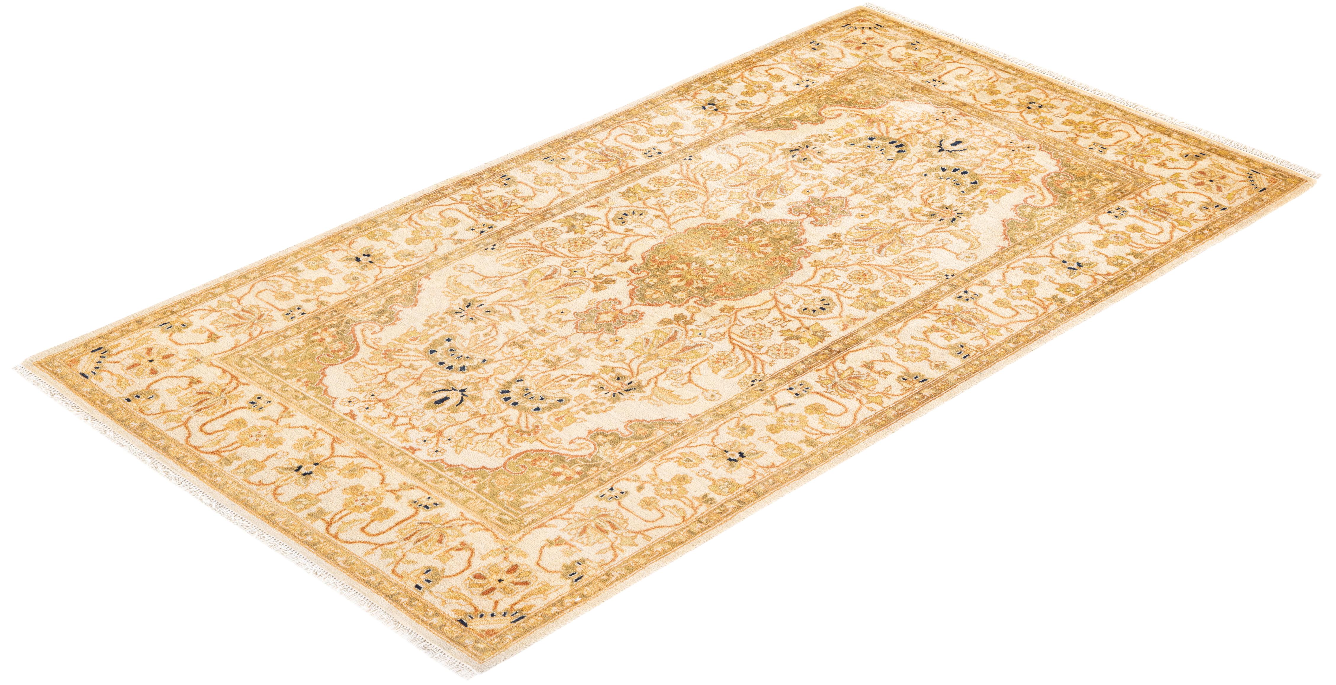 Einzigartiger handgeknüpfter orientalischer Mogul-Teppich in Elfenbein, 2,25 m x 2,25 m, Unikat im Angebot 2