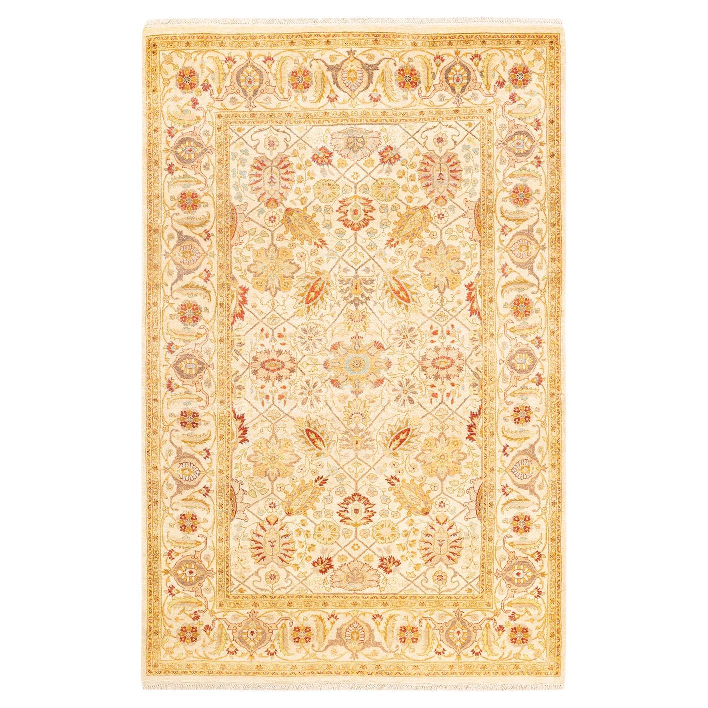 One-Of-A-Kind Hand Knotted Oriental Mogul Ivory Area Rug 4' 0" x 6' 3" For Sale