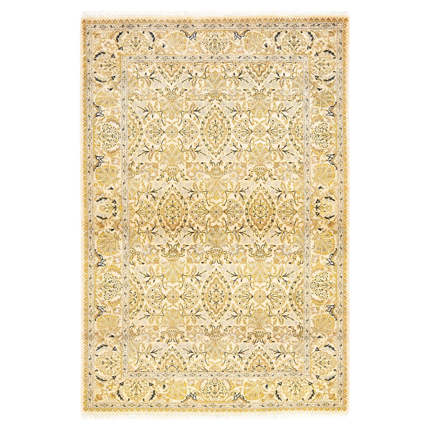 One-of-a-Kind Hand Knotted Oriental Mogul Ivory Area Rug 4' 1" x 6' 1" For Sale