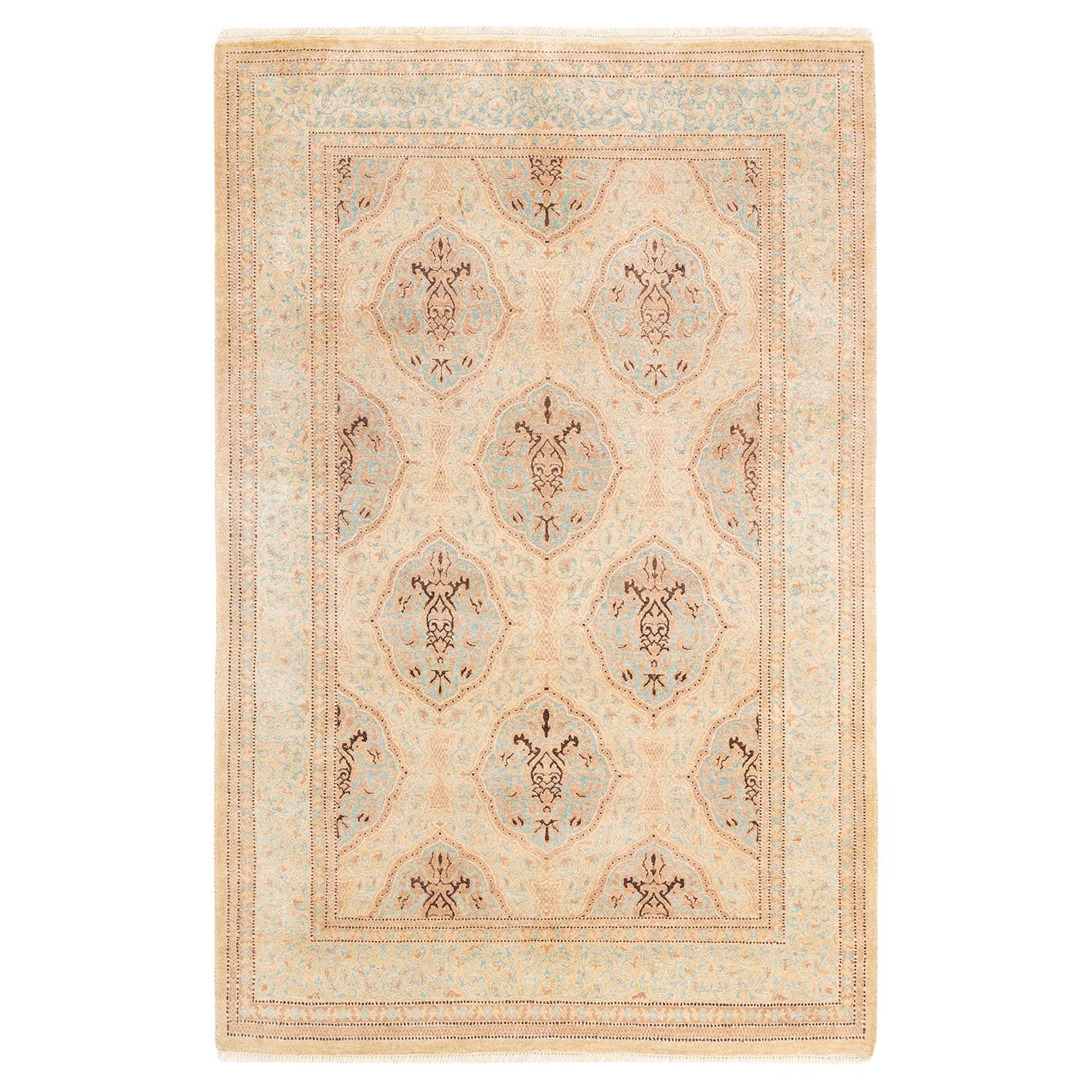 Tapis Oriental Mogul ivoire noué à la main, unique en son genre