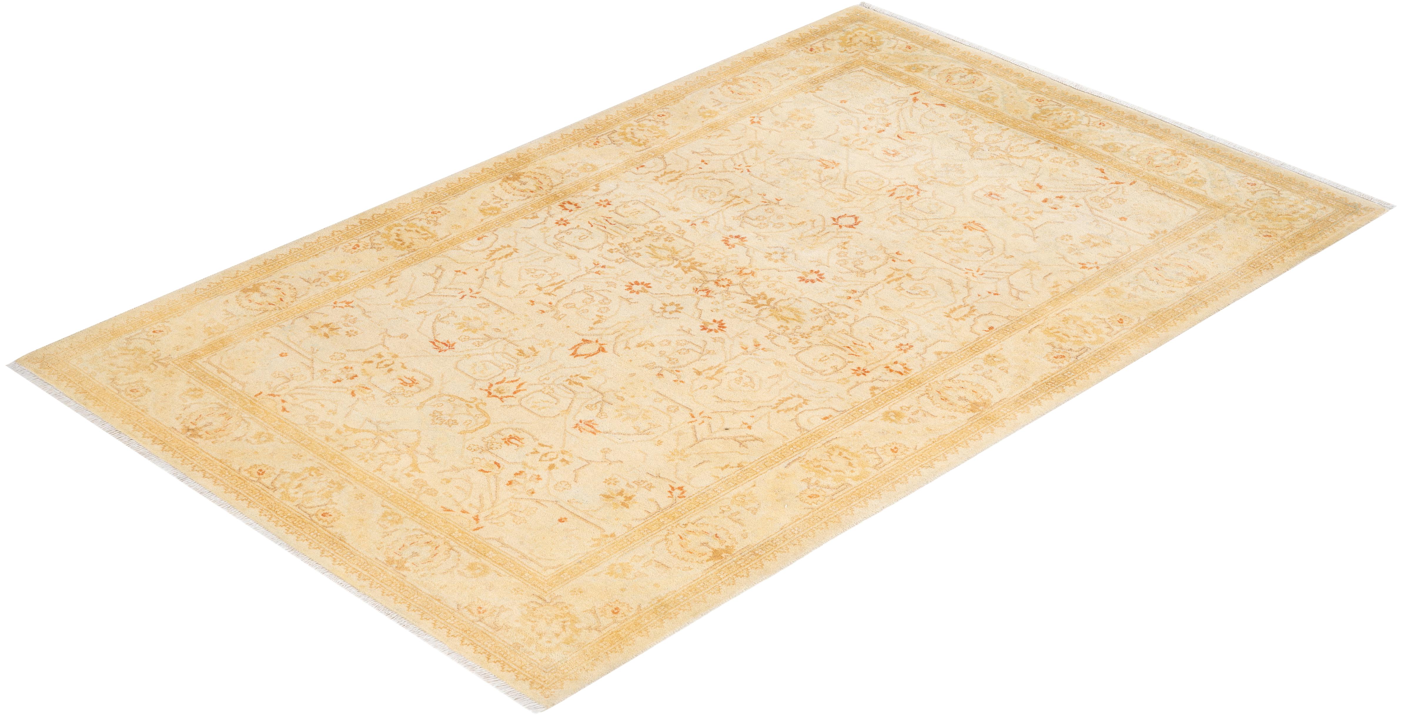 Handgeknüpfter orientalischer Mogul elfenbeinfarbener Teppich in Elfenbein, Unikat im Angebot 2