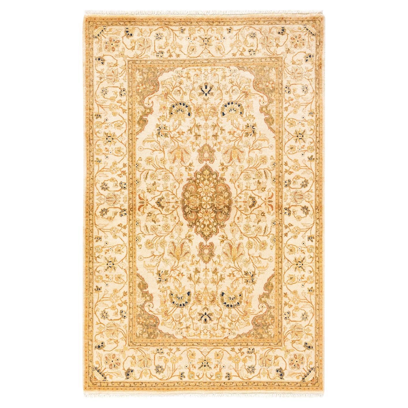 One-Of-A-Kind Hand Knotted Oriental Mogul Ivory Area Rug 4' 1" x 6' 4" For Sale