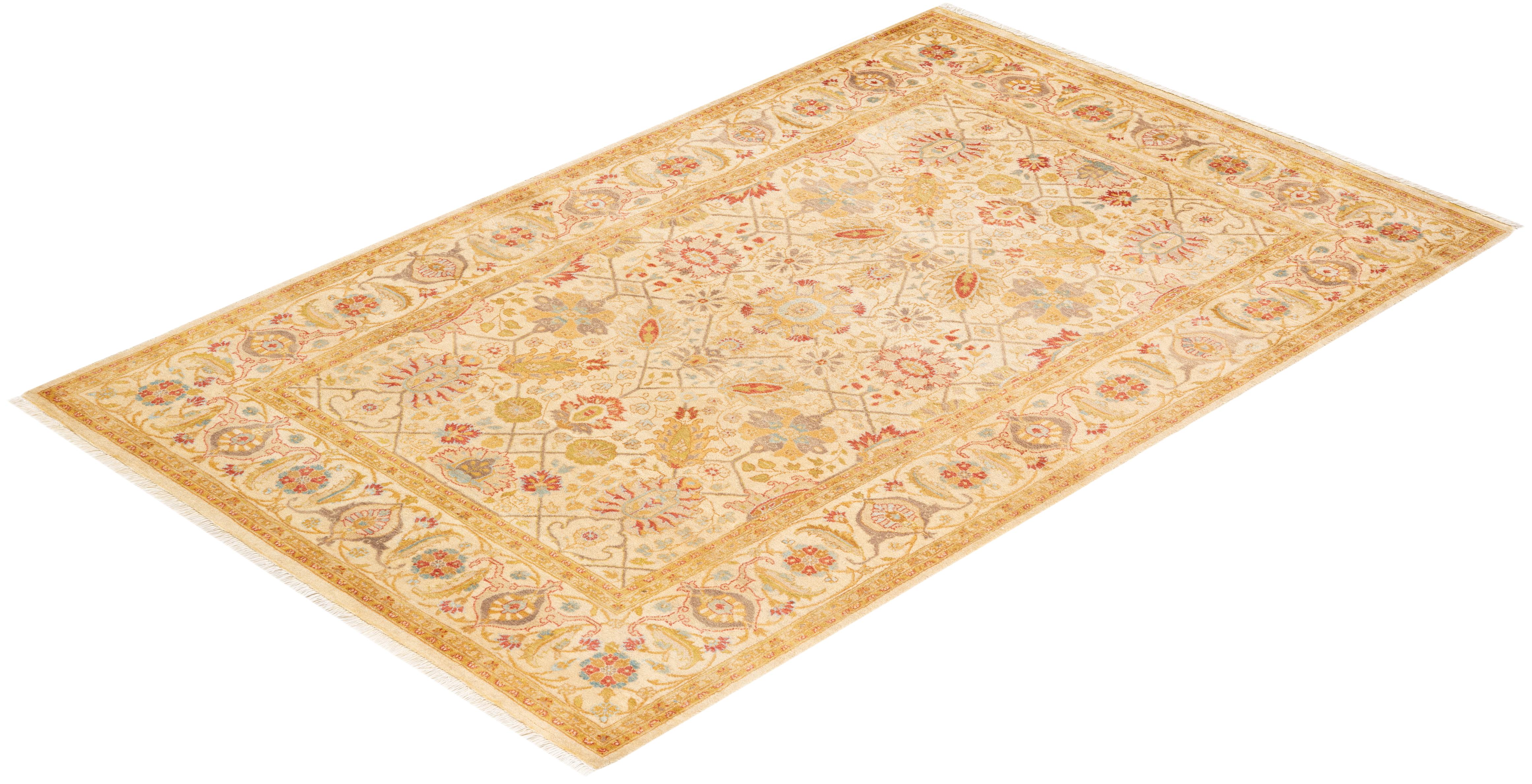 Handgeknüpfter orientalischer Mogul Elfenbeinfarbener Teppich, Unikat im Angebot 2