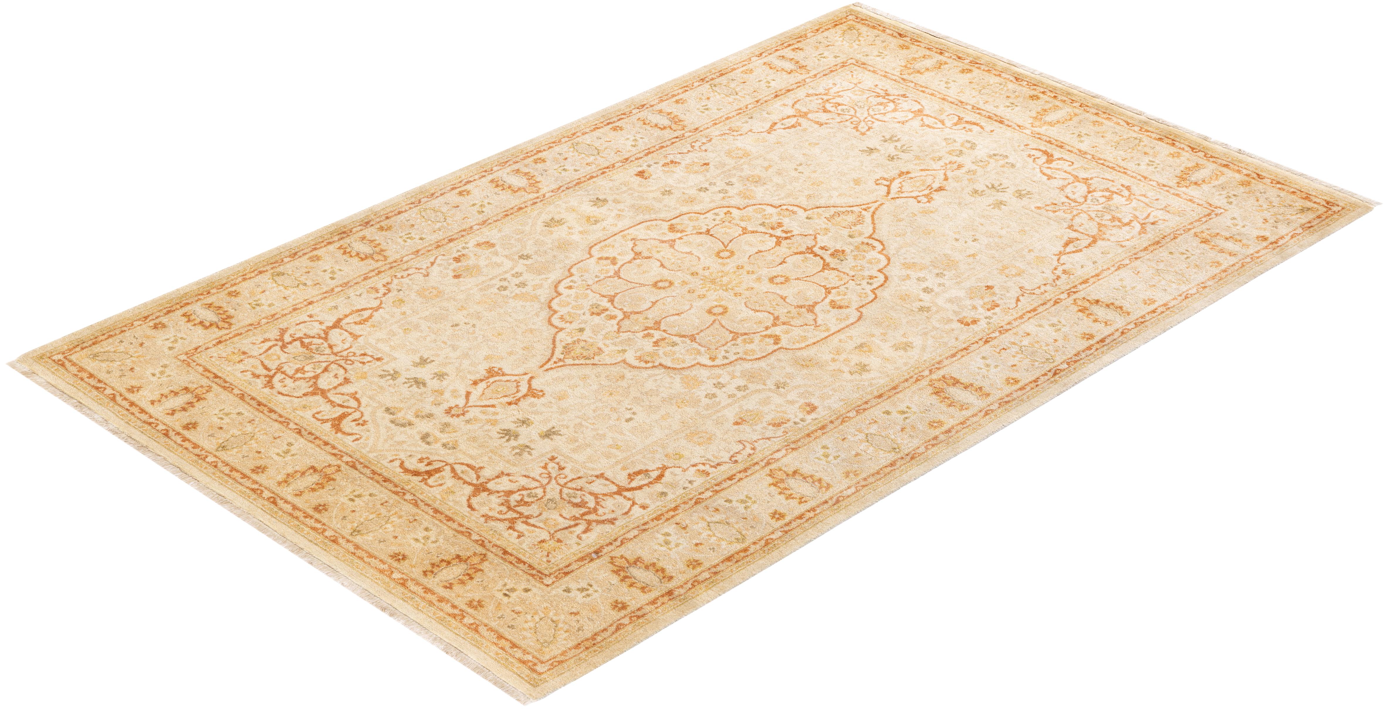 Handgeknüpfter orientalischer Mogul elfenbeinfarbener Teppich in Elfenbein, Unikat im Angebot 2