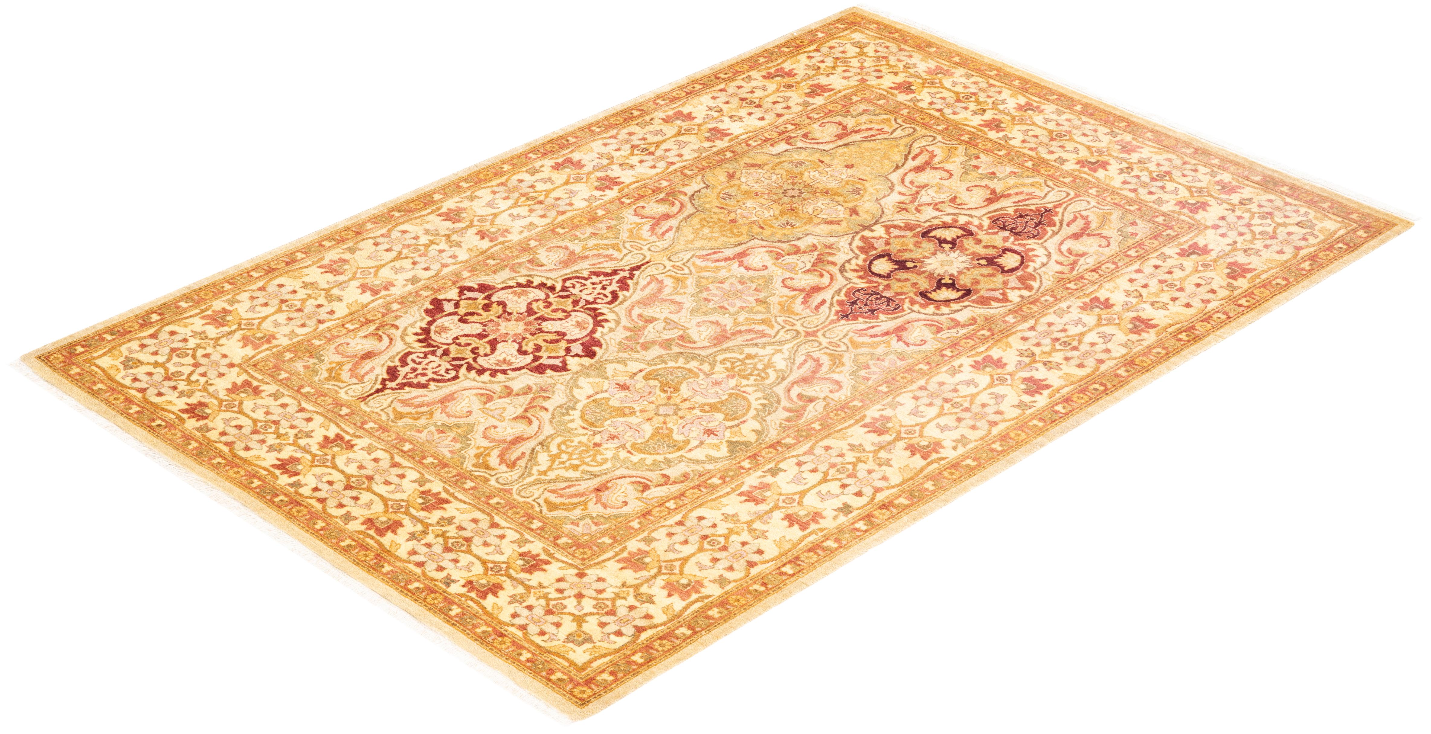 Handgeknüpfter orientalischer Mogul Elfenbeinfarbener Teppich, Unikat im Angebot 2