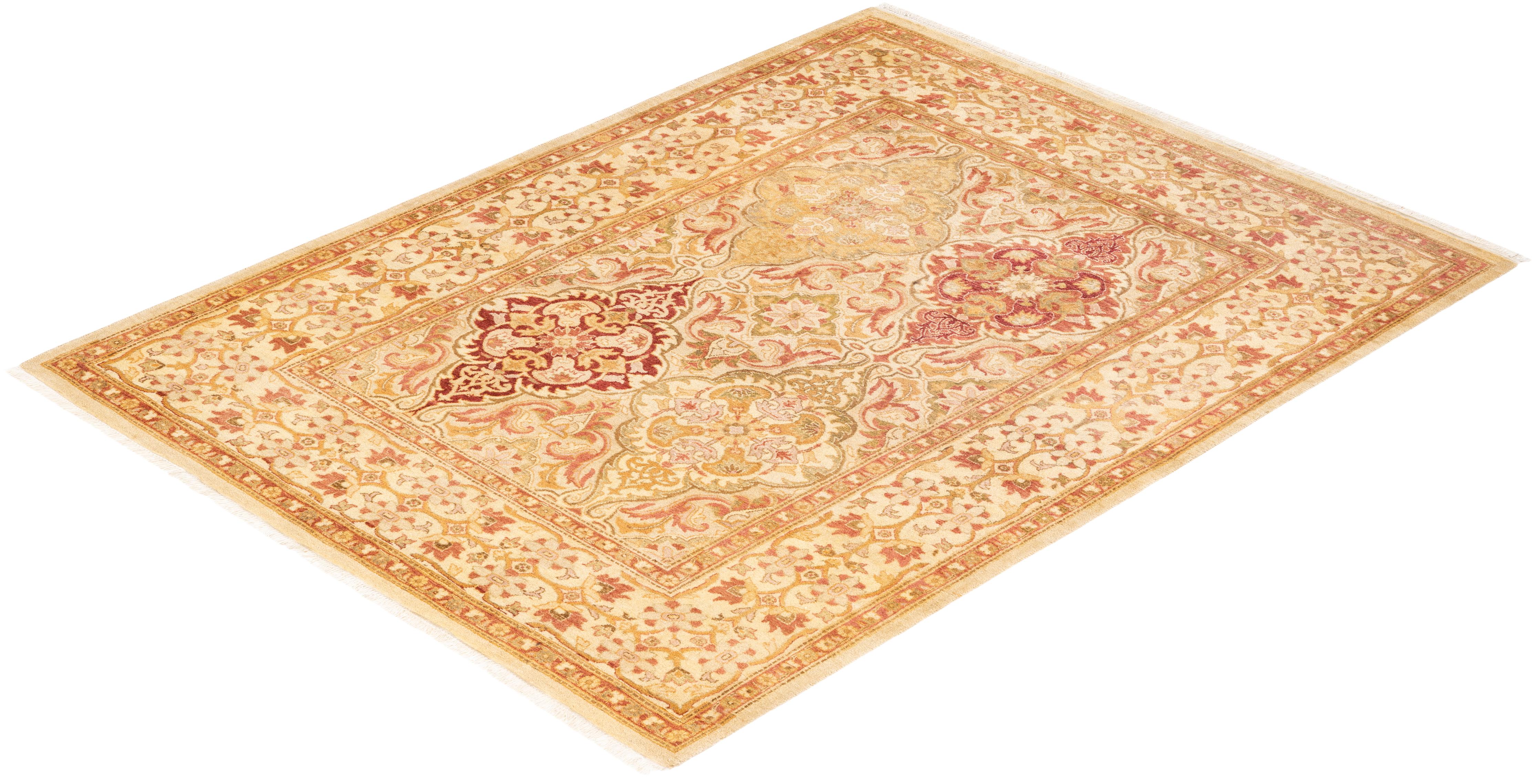 Tapis Oriental Mogul ivoire noué à la main, unique en son genre 2