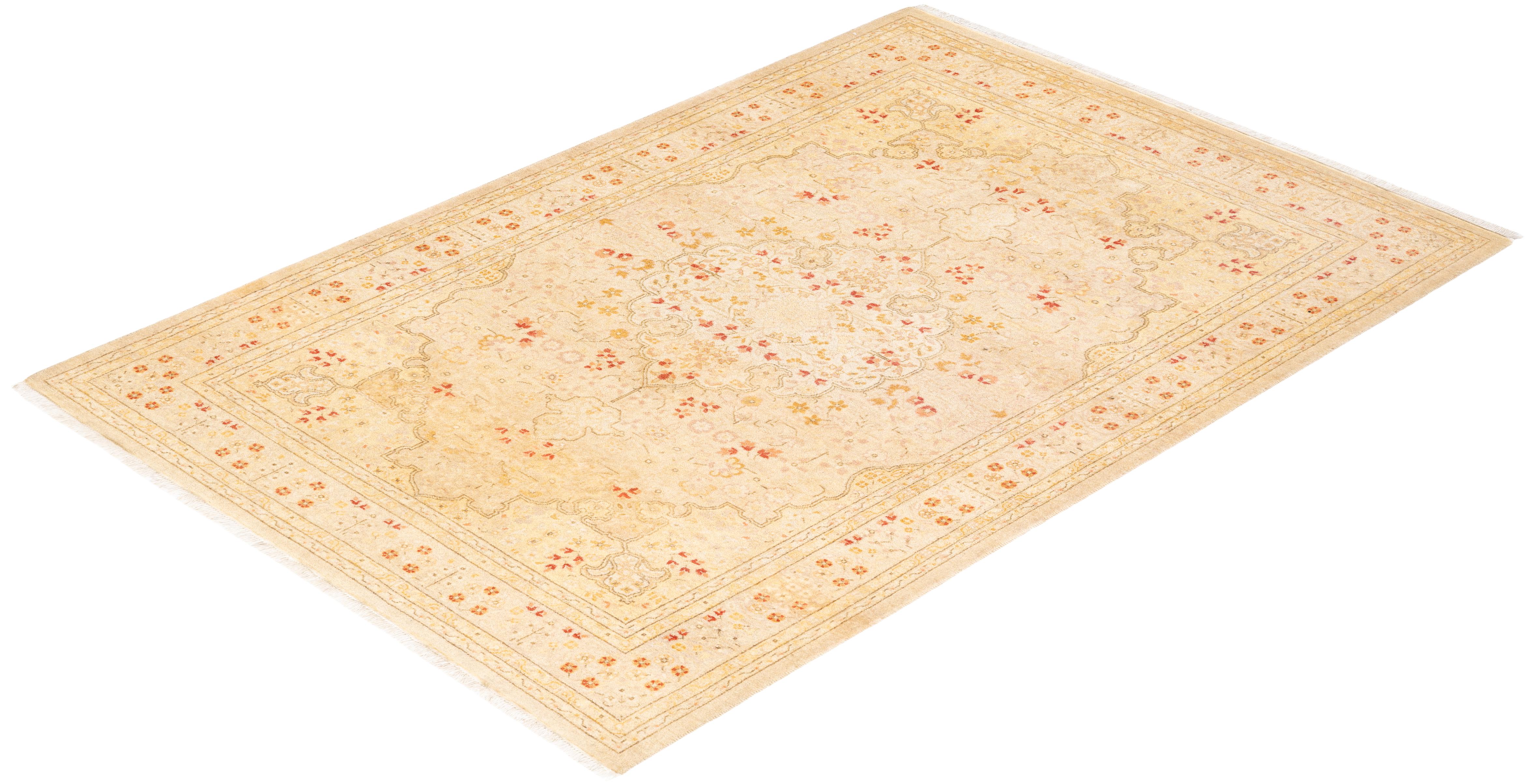 One-of-a-kind Hand Knotted Oriental Mogul Ivory Area Rug For Sale 2