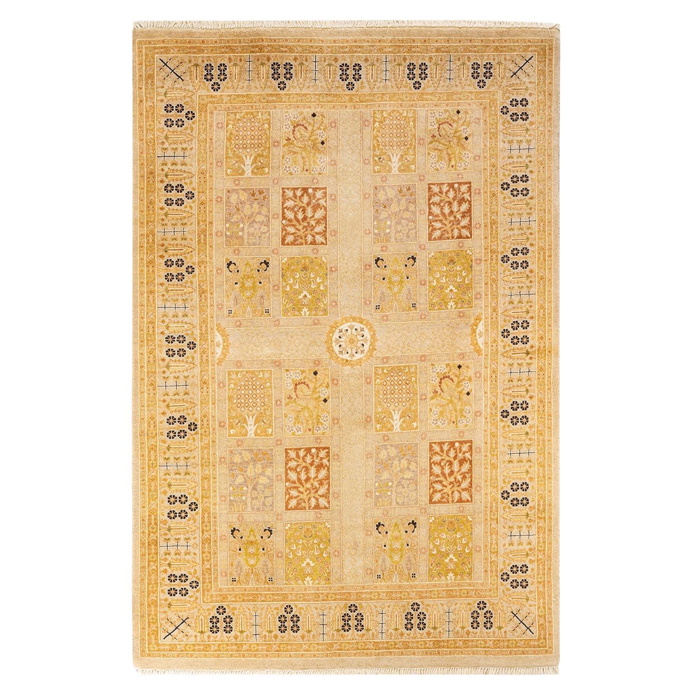 One-of-a-Kind Hand Knotted Oriental Mogul Ivory Area Rug 4' 2" x 6' 2" For Sale