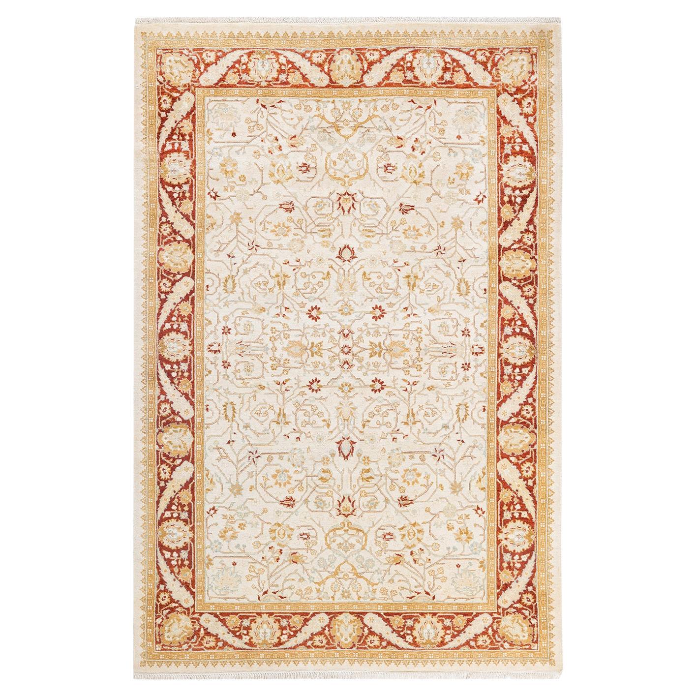 Tapis unique Oriental Mogul ivoire noué à la main de 4' 2"" x 6' 3" pouces