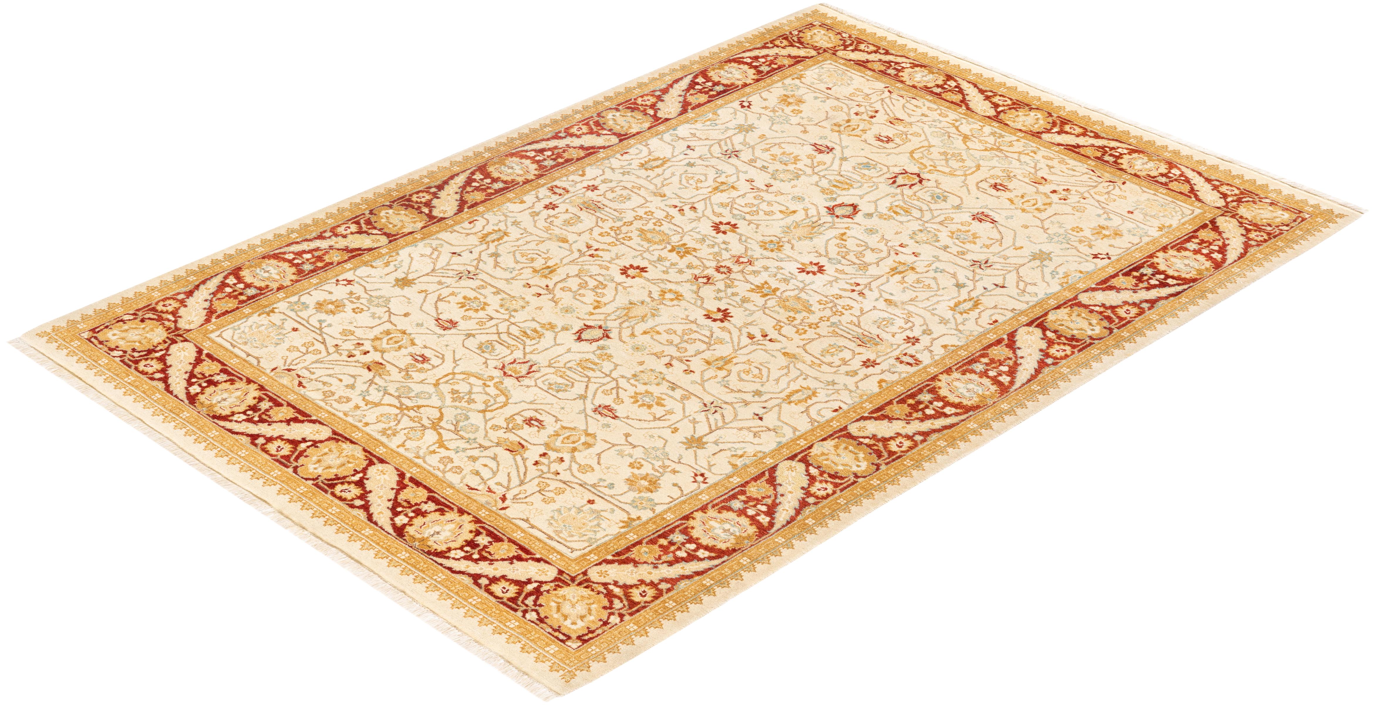 One-of-a-kind Hand Knotted Oriental Mogul Ivory Area Rug For Sale 2