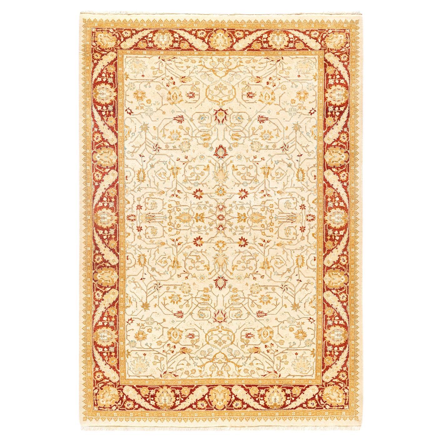 Tapis Oriental Mogul ivoire noué à la main, unique en son genre