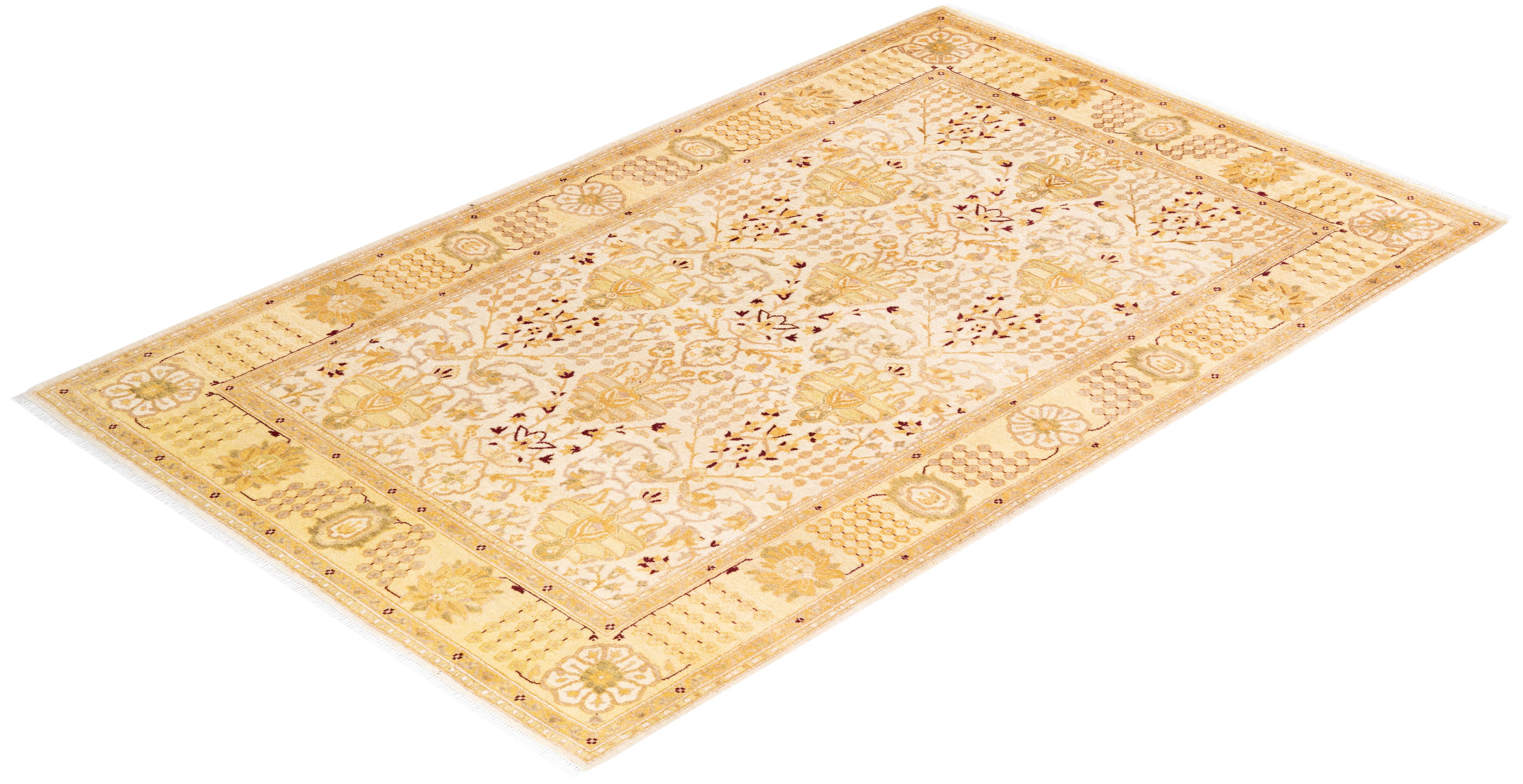 Handgeknüpfter orientalischer Mogul elfenbeinfarbener Teppich in Elfenbein, Unikat im Angebot 2