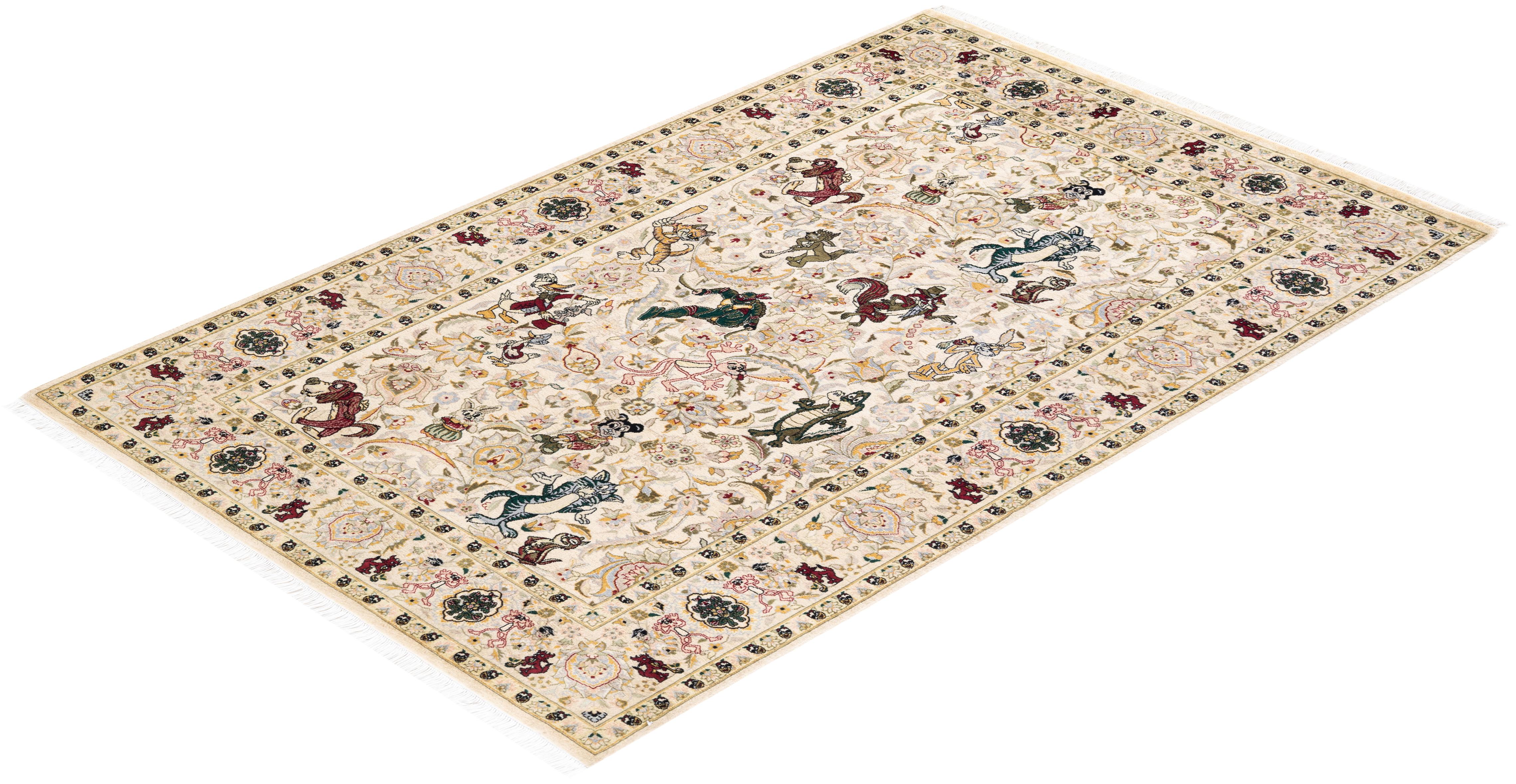 Tapis Oriental Mogul ivoire noué à la main, unique en son genre en vente 2