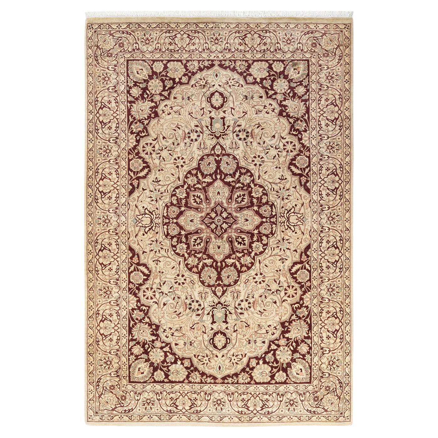 One-Of-A-Kind Hand Knotted Oriental Mogul Ivory Area Rug 4' 8" x 7' 2" For Sale