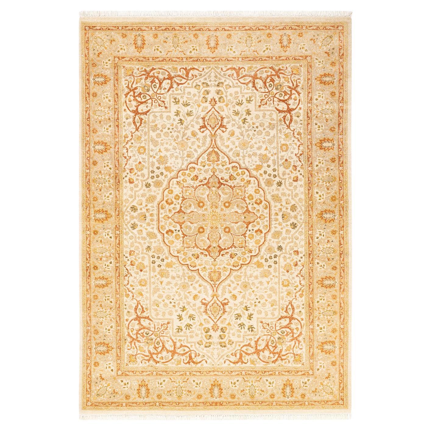 One-of-a-Kind Hand Knotted Oriental Mogul Ivory Area Rug 4' 9" x 6' 10" For Sale