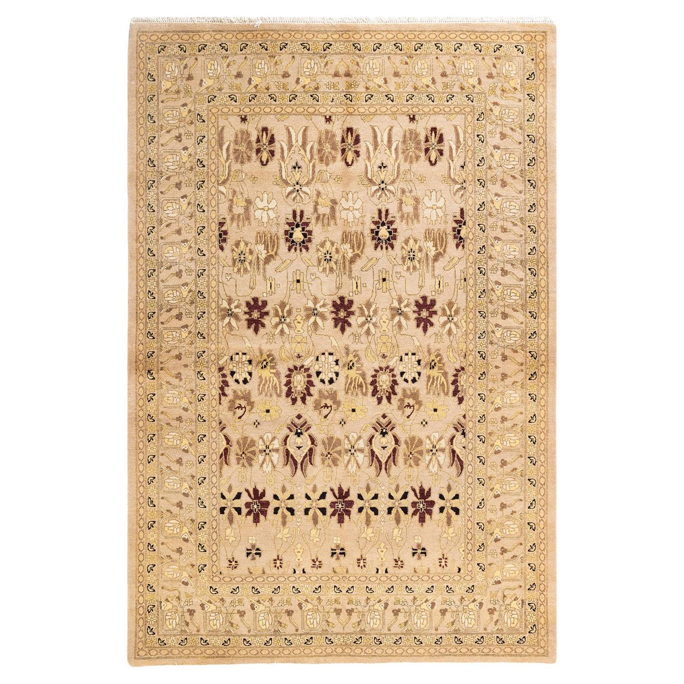 One-of-a-Kind Hand Knotted Oriental Mogul Ivory Area Rug 4' 9" x 7' 2" For Sale