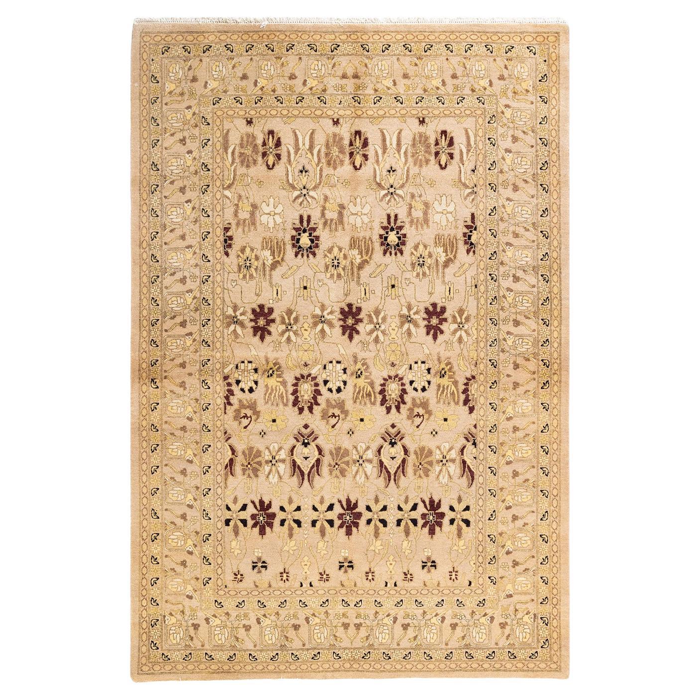 Handgeknüpfter orientalischer Mogul Elfenbeinfarbener Teppich, 1,25 m x 2,25 m, Unikat