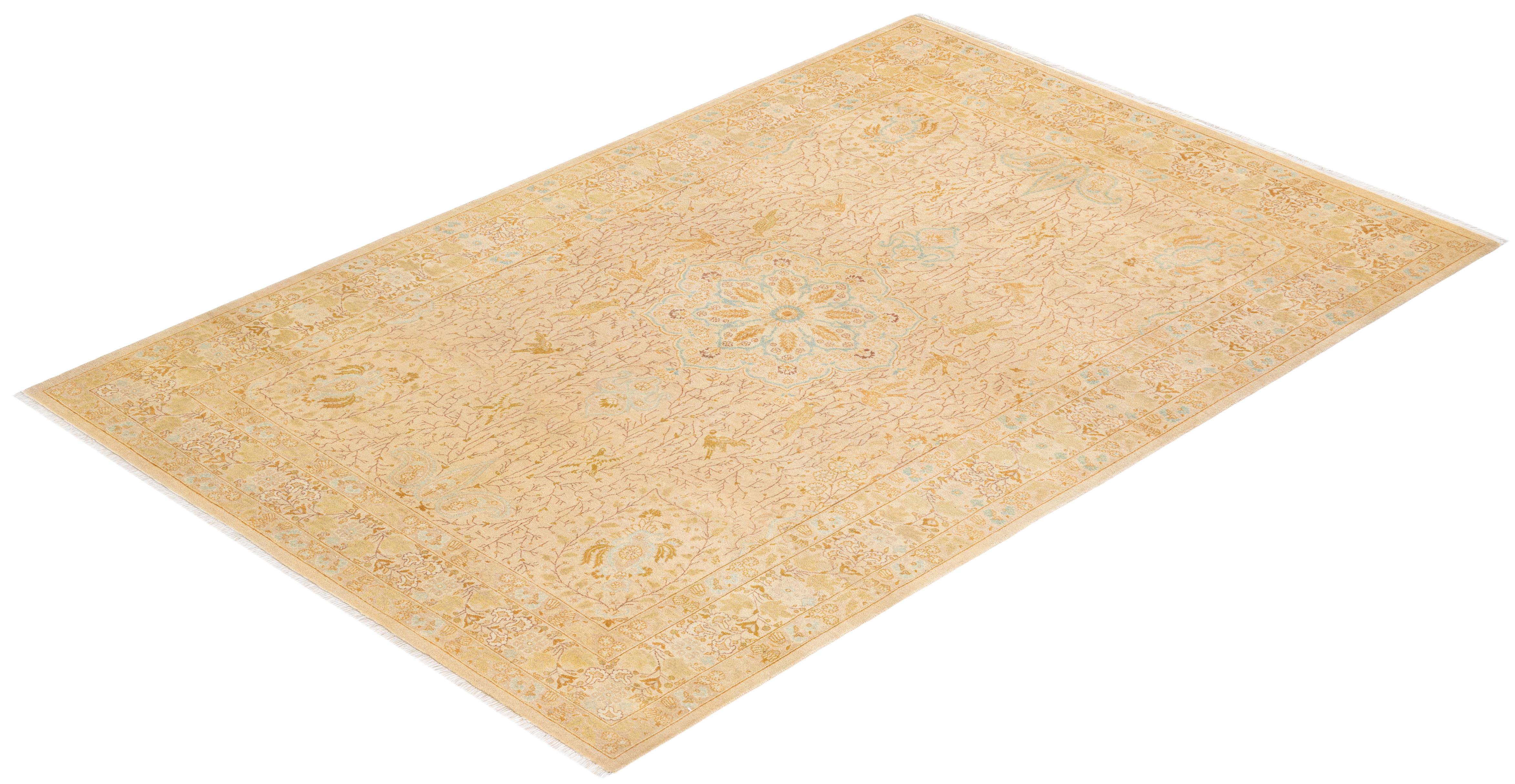One-of-a-kind Hand Knotted Oriental Mogul Ivory Area Rug For Sale 2