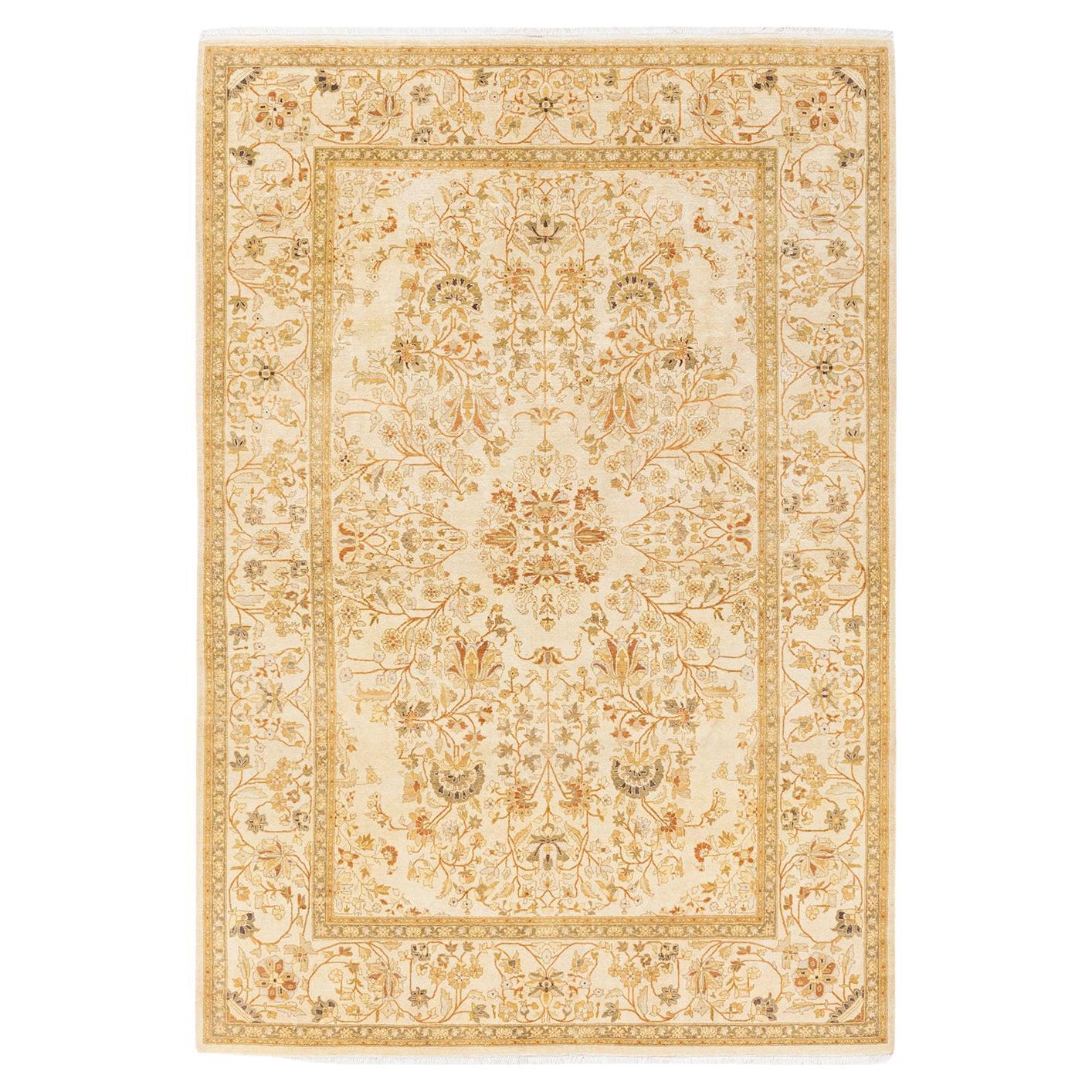 Tapis Oriental Mogul ivoire noué à la main, unique en son genre