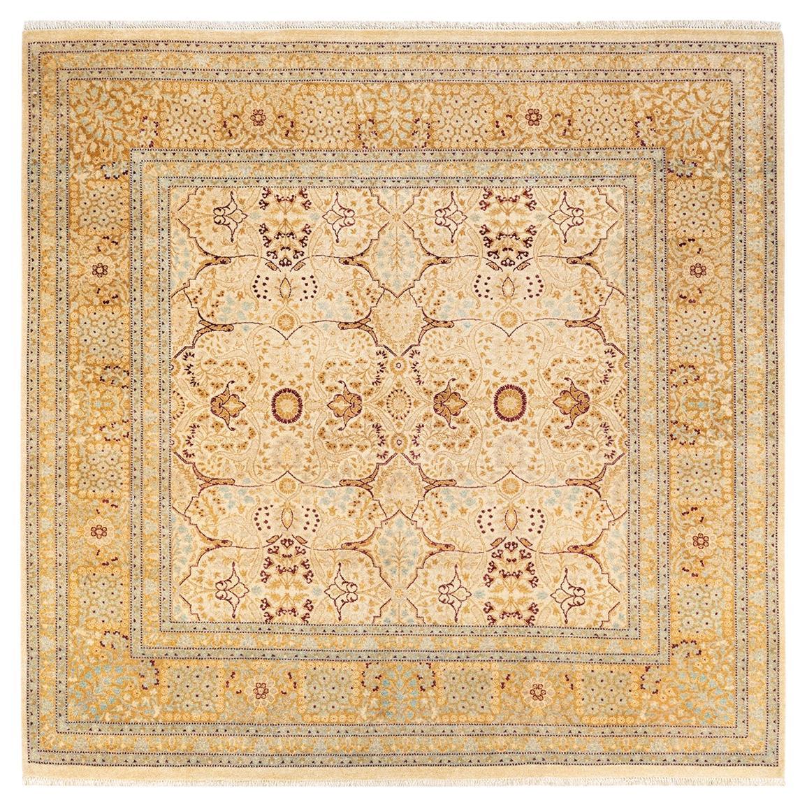 Tapis Oriental Mogul ivoire noué à la main, unique en son genre