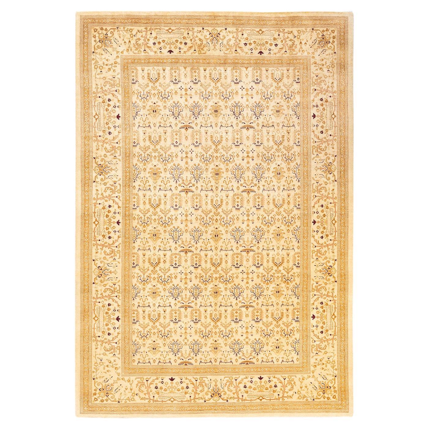 Handgeknüpfter orientalischer Mogul Elfenbeinfarbener Teppich, Unikat