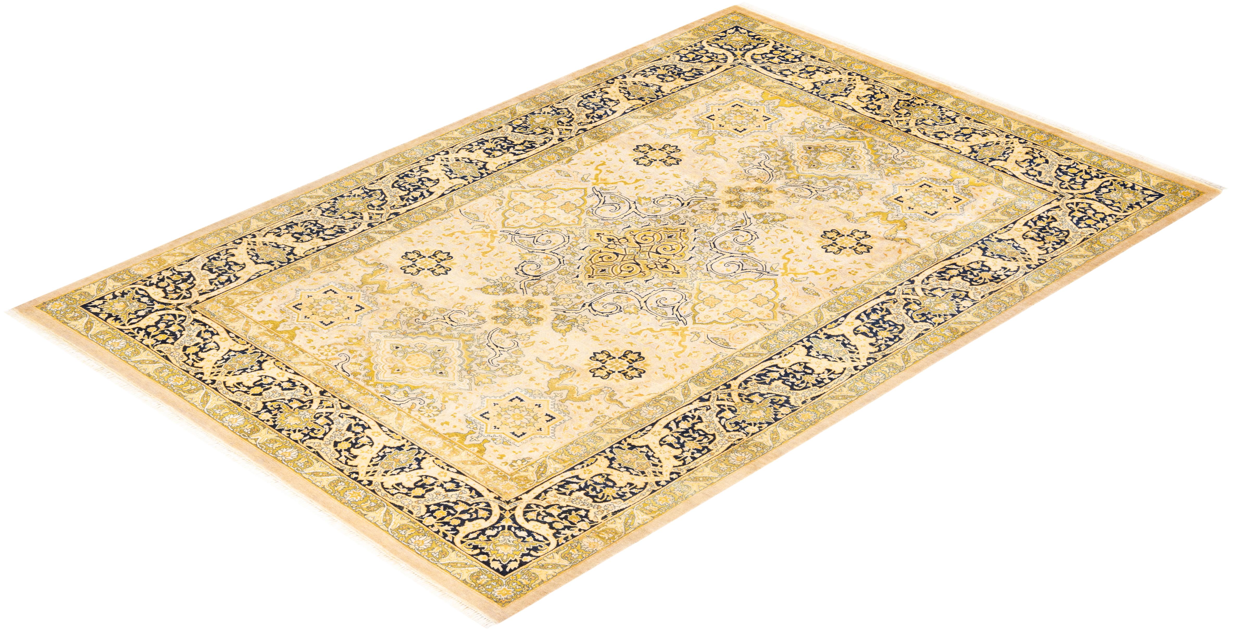 Handgeknüpfter orientalischer Mogul-Teppich in Elfenbein, 1,25 m x 2,25 m, Unikat im Angebot 2