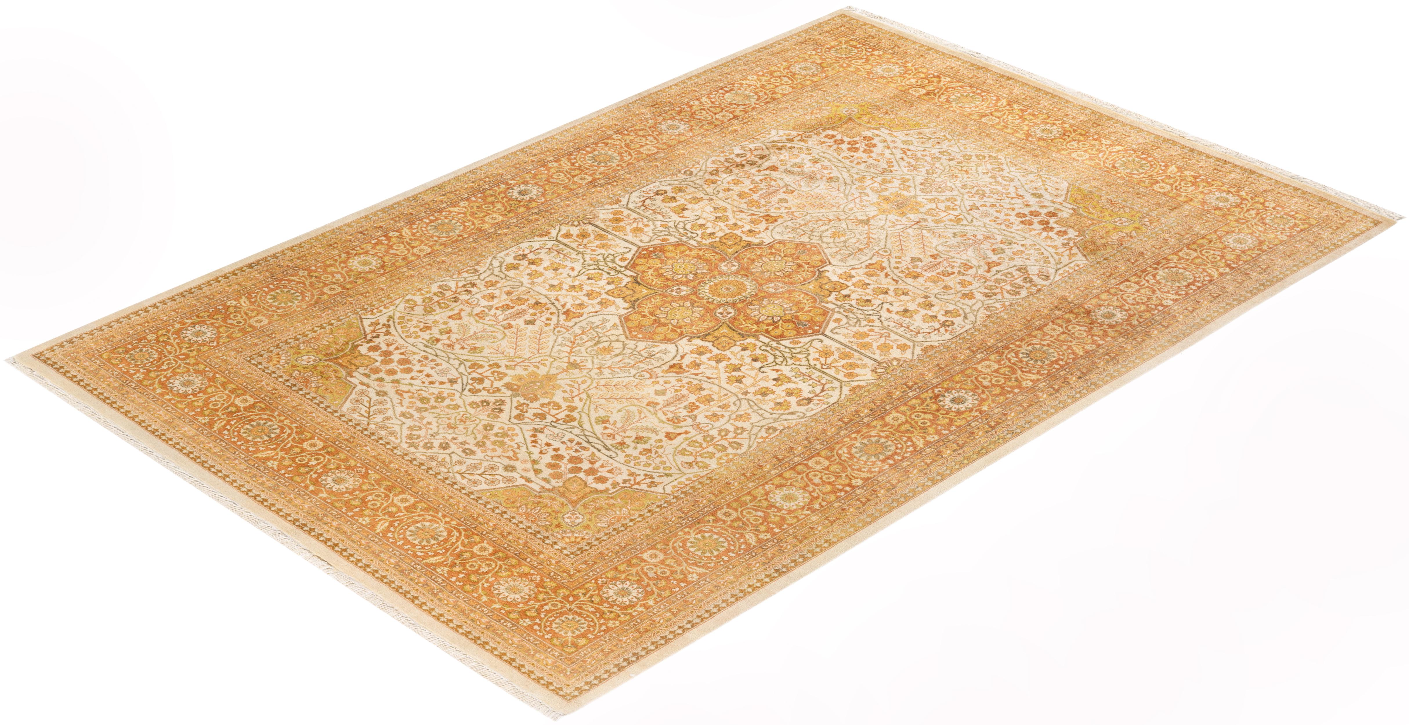 One-of-a-Kind Hand Knotted Oriental Mogul Ivory Area Rug For Sale 2