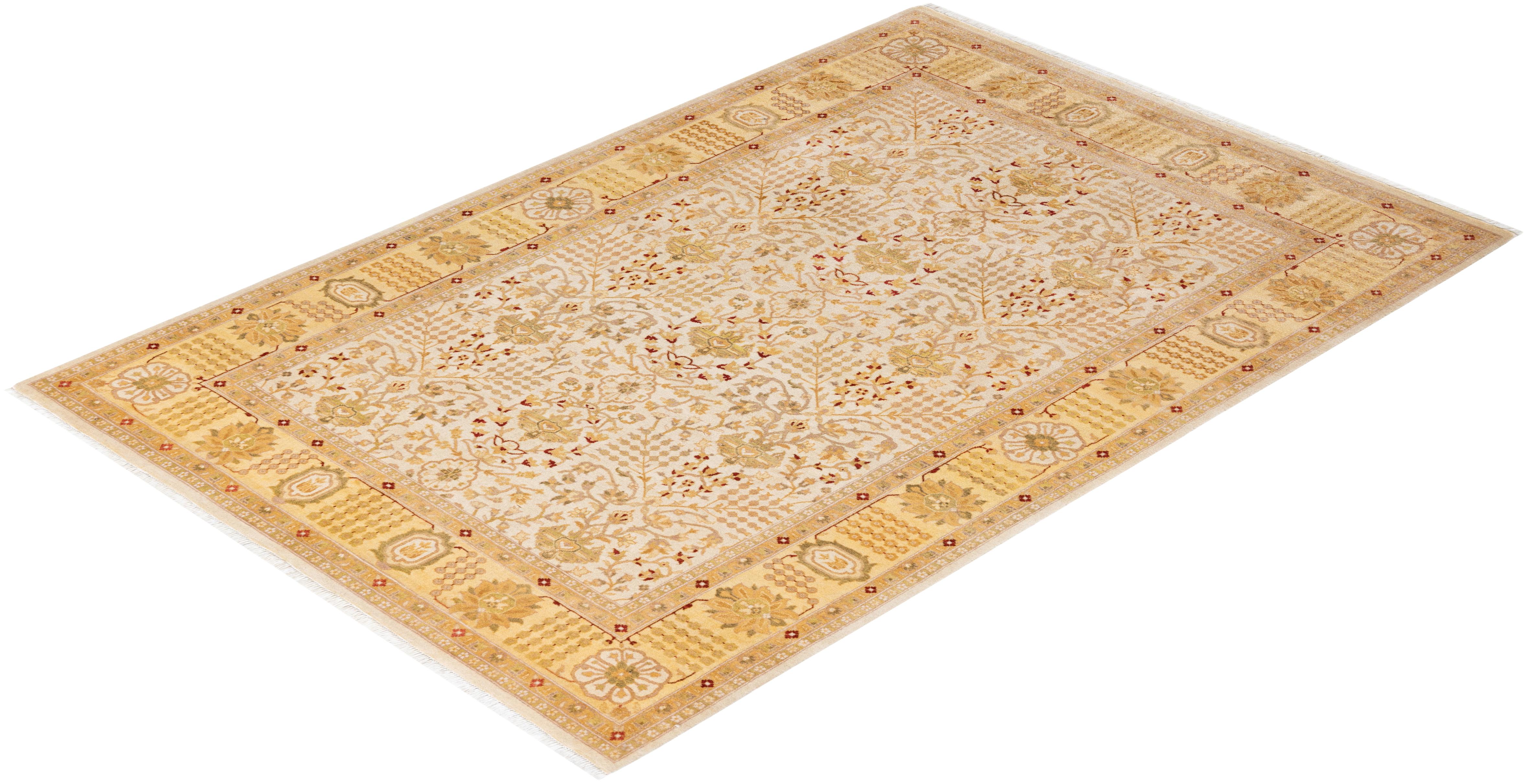 One-Of-A-Kind Hand Knotted Oriental Mogul Ivory Area Rug For Sale 2