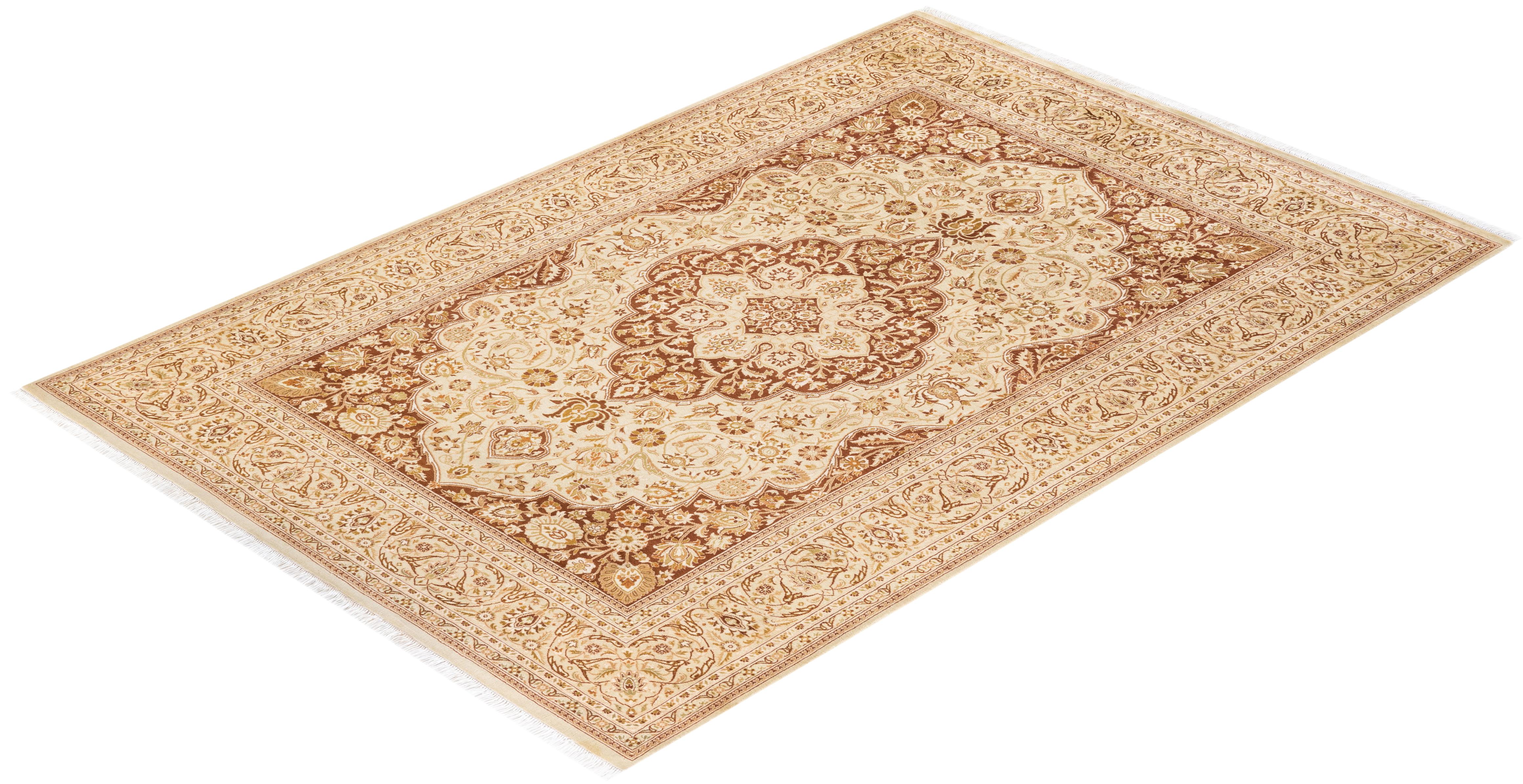Handgeknüpfter orientalischer Mogul Elfenbeinfarbener Teppich, Unikat im Angebot 2