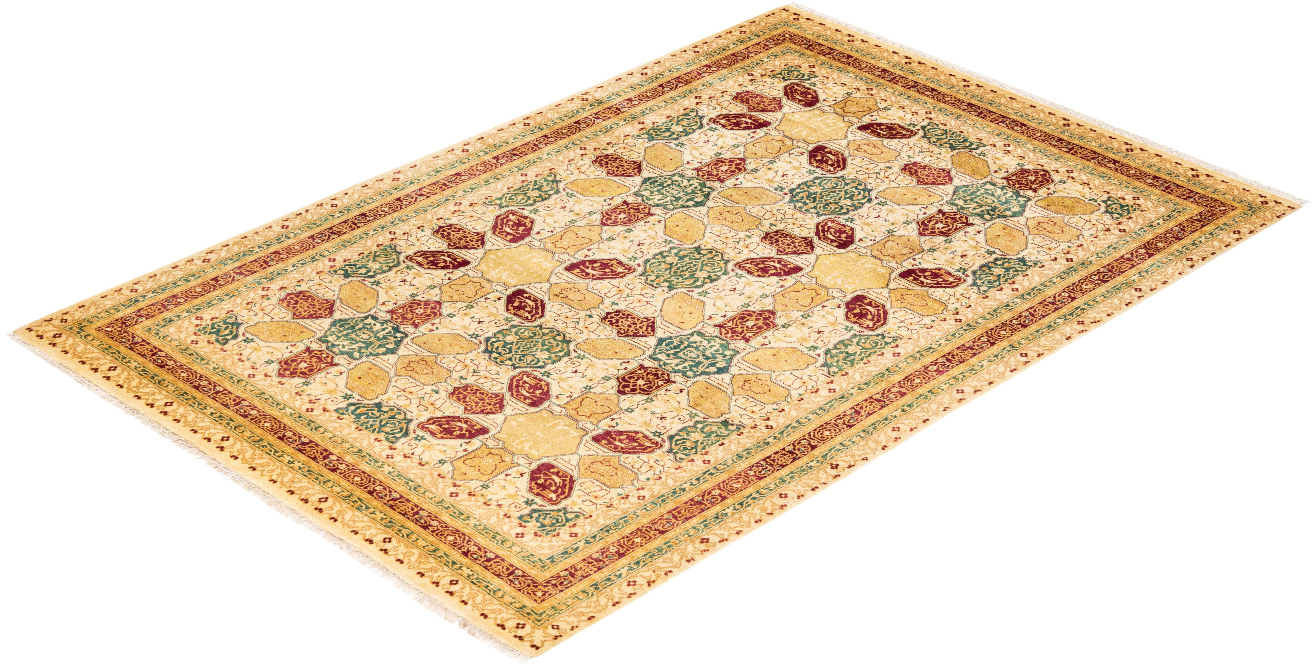 Handgeknüpfter orientalischer Mogul Elfenbeinfarbener Teppich, Unikat im Angebot 2