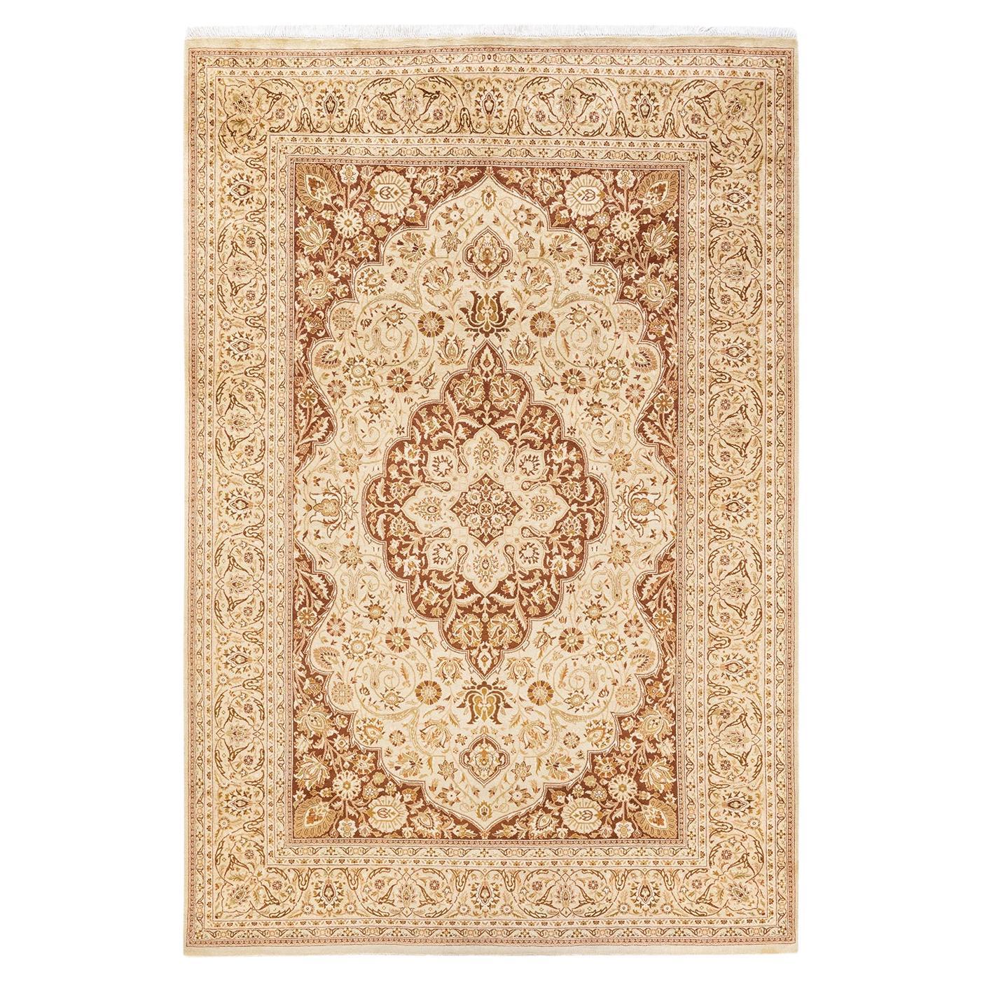 Handgeknüpfter orientalischer Mogul Elfenbeinfarbener Teppich, Unikat