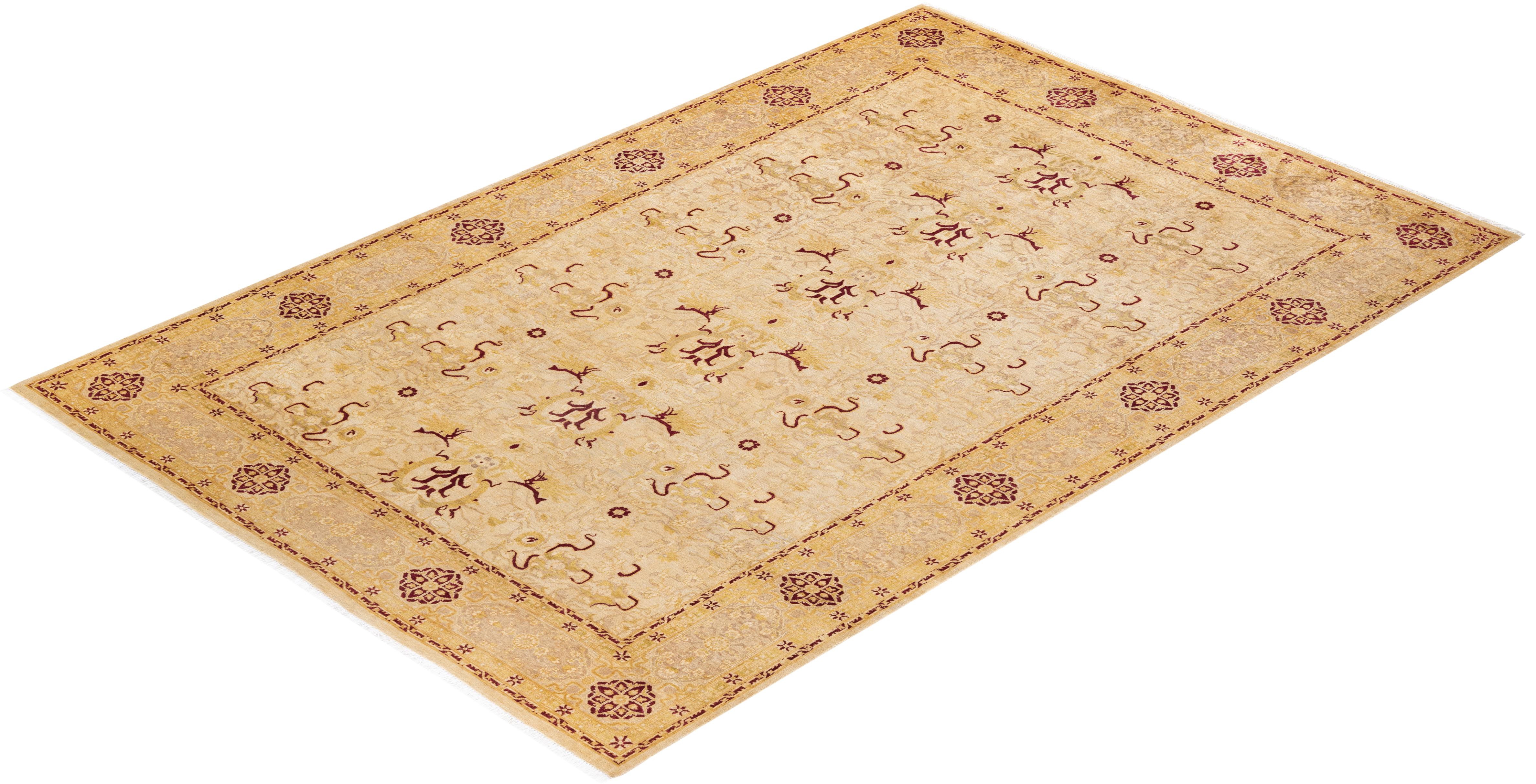 Handgeknüpfter orientalischer Mogul Elfenbeinfarbener Teppich, Unikat im Angebot 2