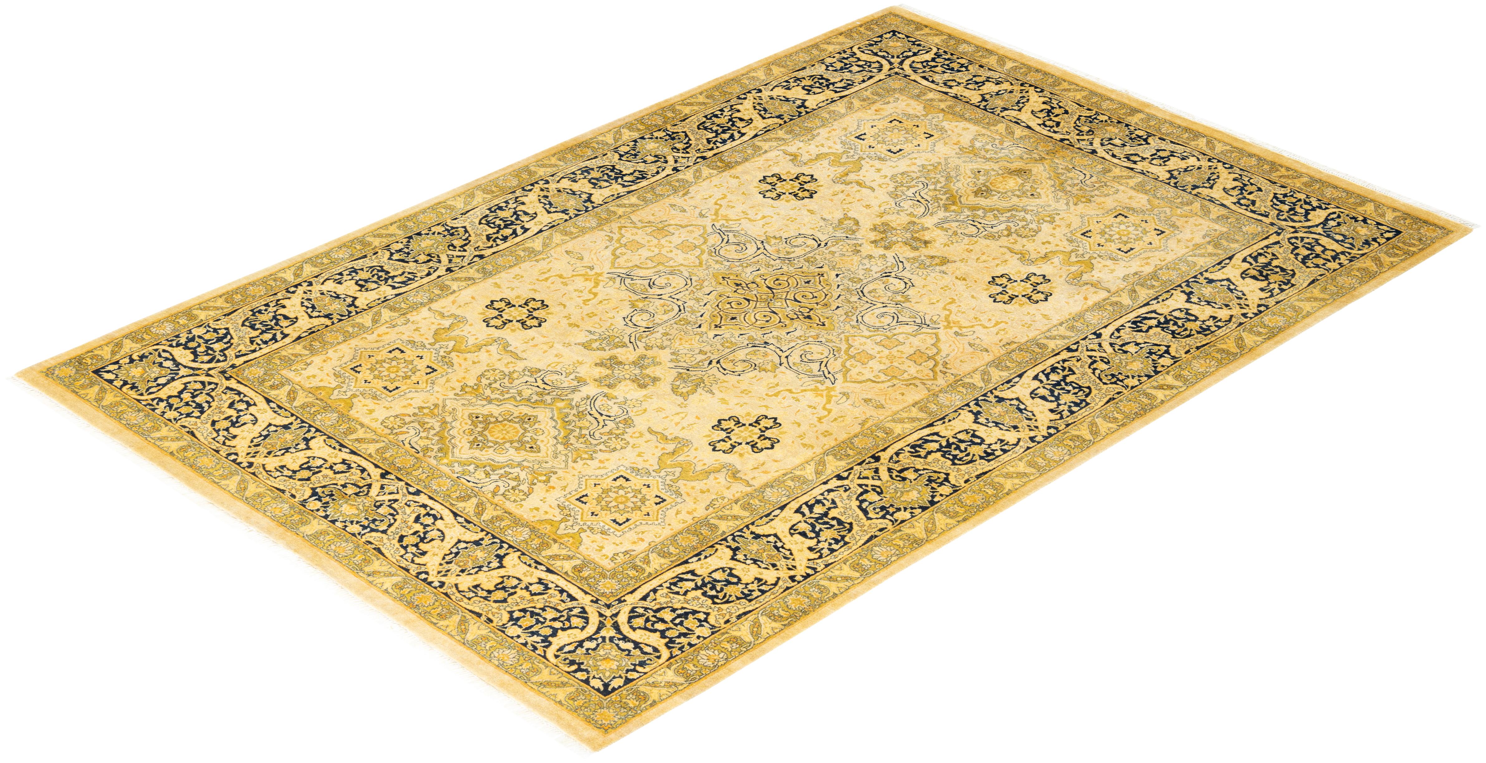 Handgeknüpfter orientalischer Mogul Elfenbeinfarbener Teppich, Unikat 2