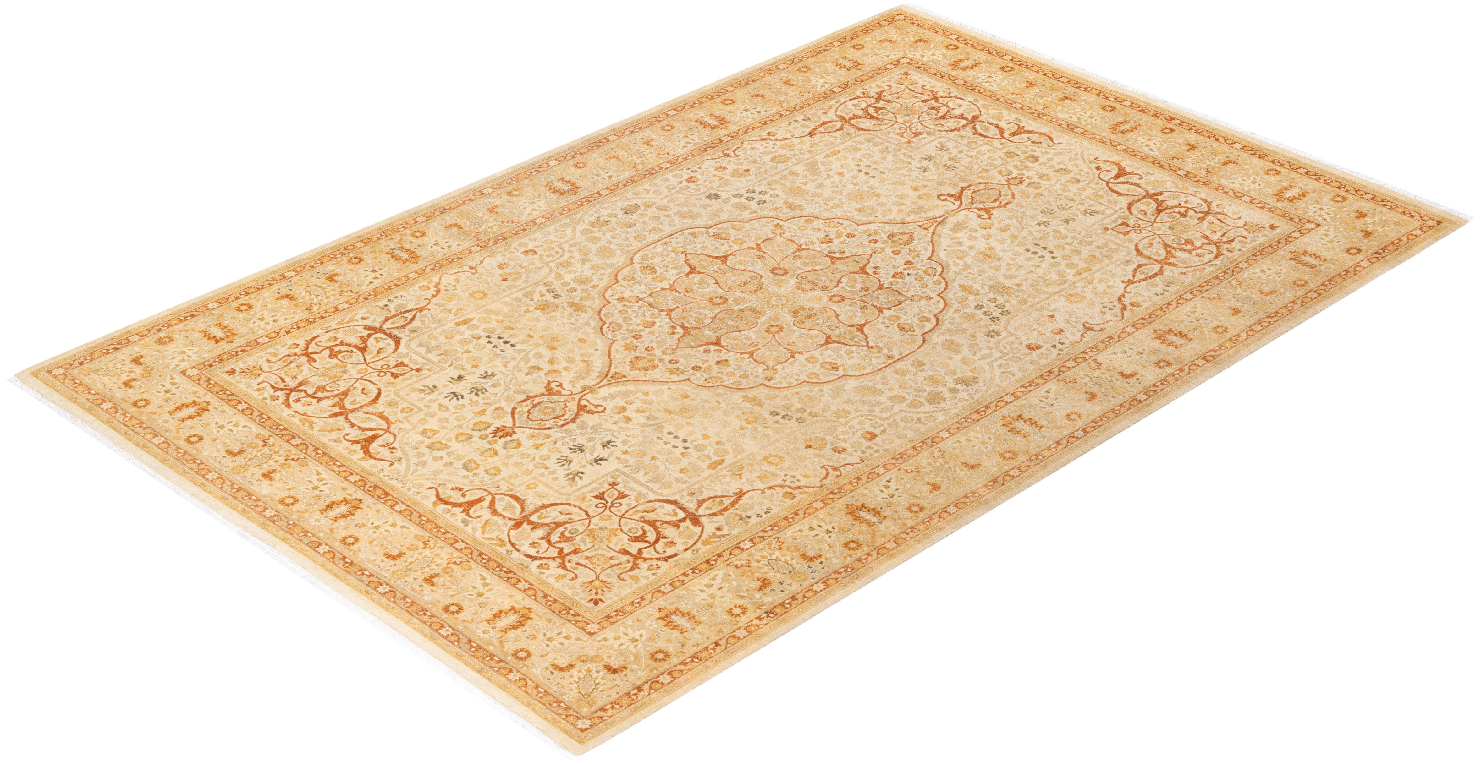 Handgeknüpfter orientalischer Mogul elfenbeinfarbener Teppich in Elfenbein, Unikat im Angebot 2
